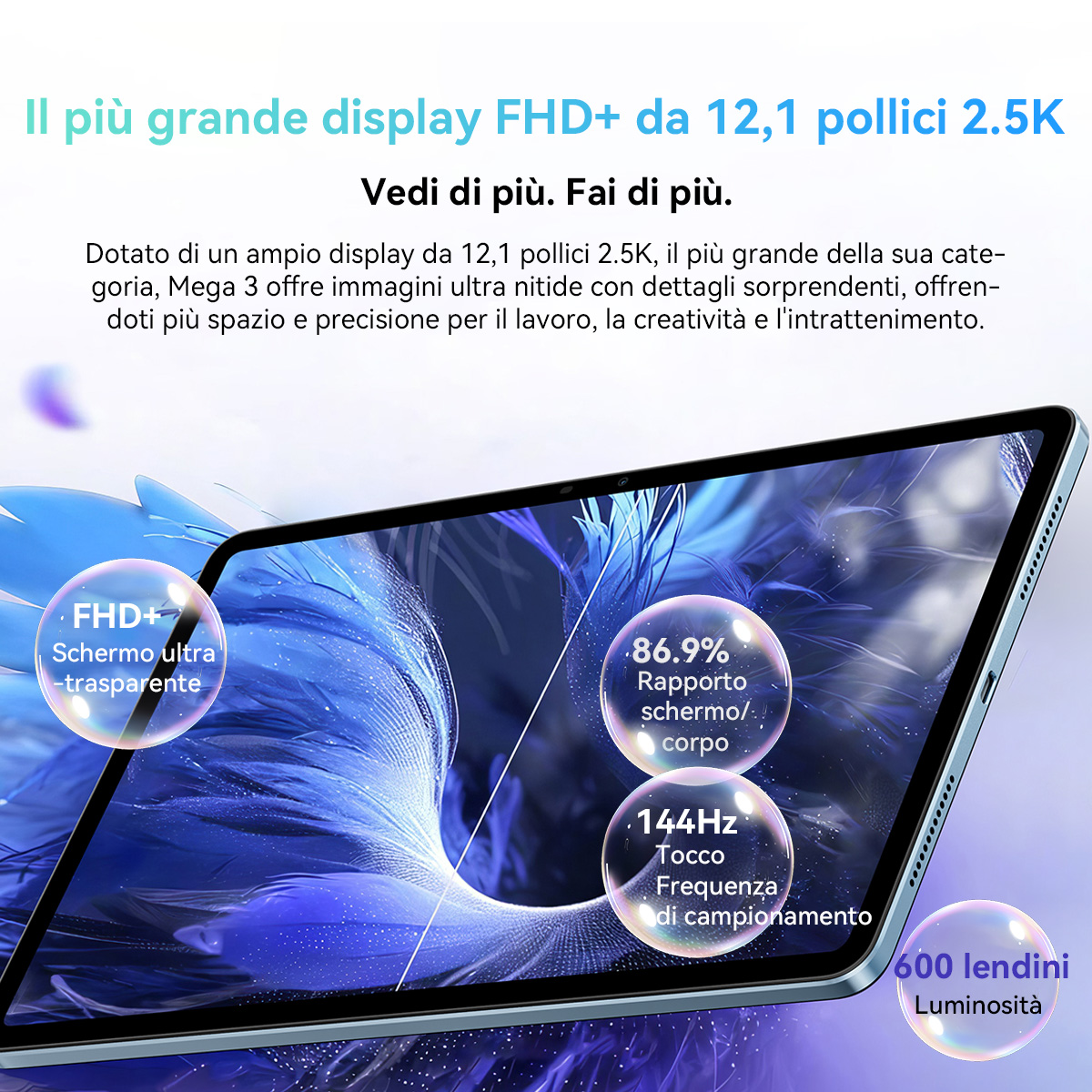 Tablet con testo e grafica. Mostra uno schermo con specifiche come FHD+, 144Hz e 600 lendini. Lo sfondo è blu.