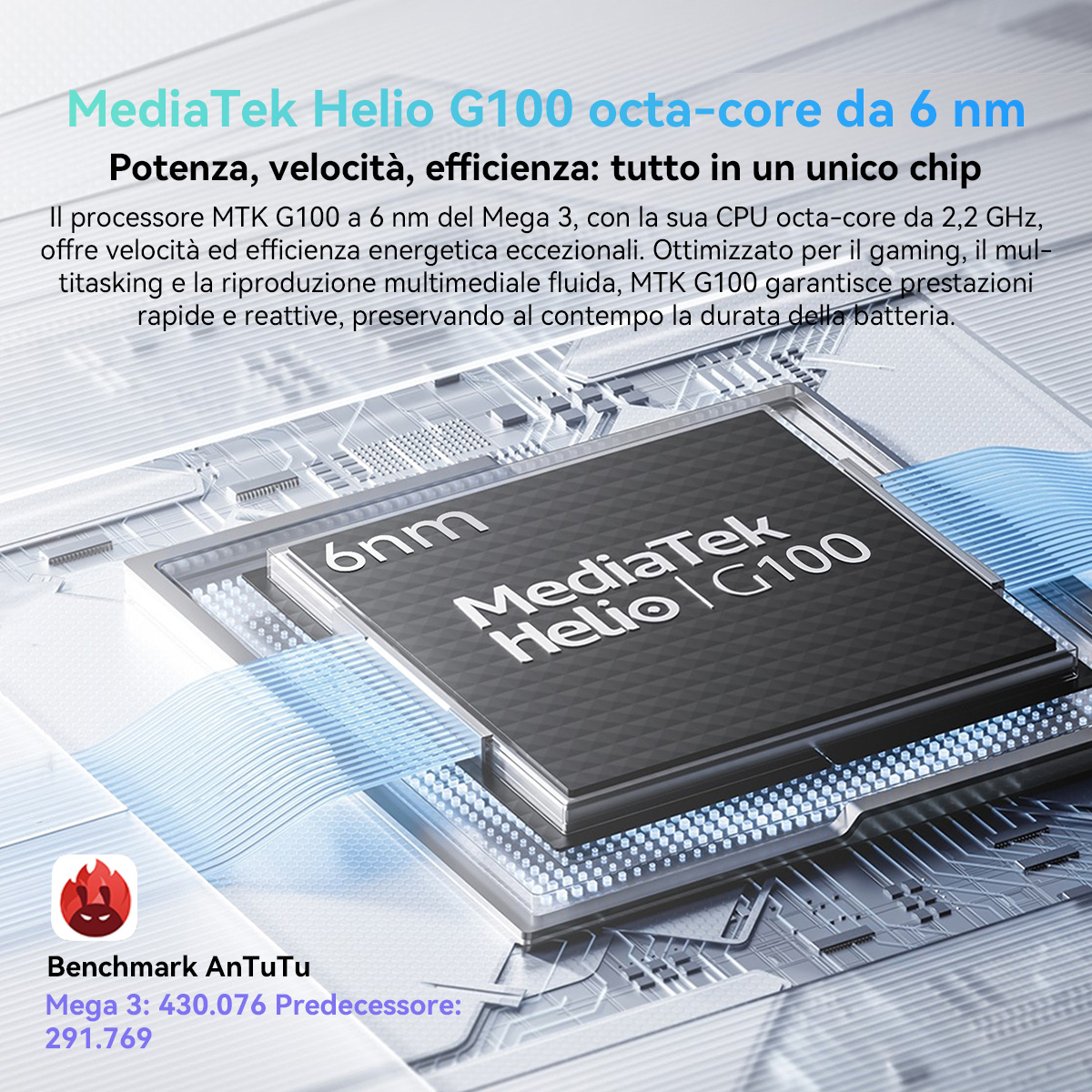 L'immagine mostra un processore MediaTek Helio G100 con testo e un logo di benchmark. Evidenzia velocità, efficienza e prestazioni.
