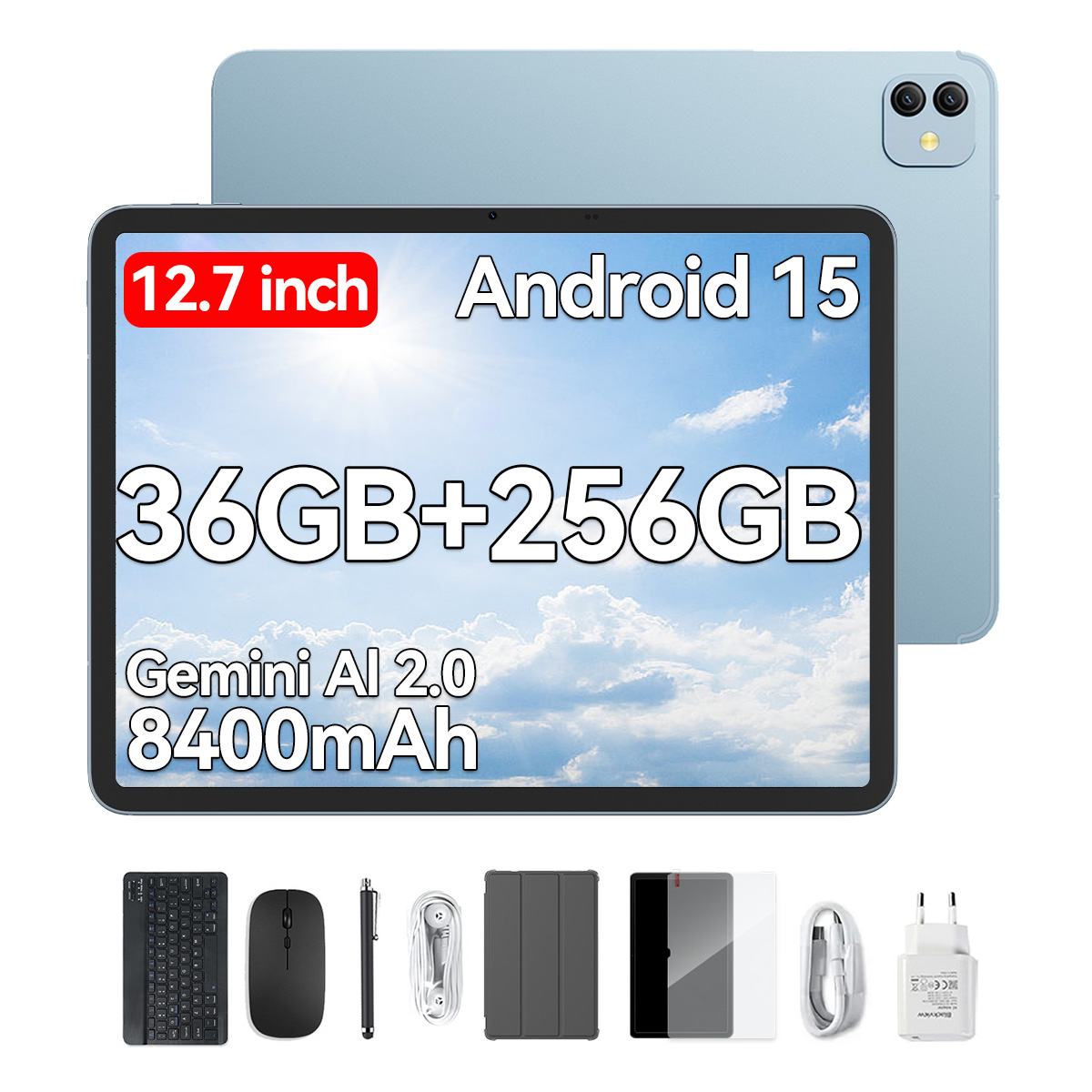 Un tablet con accessori. Include tastiera, mouse, penna, caricatore e custodia. Il display mostra Android 15, 36GB+256GB, schermo da 12,7 pollici.