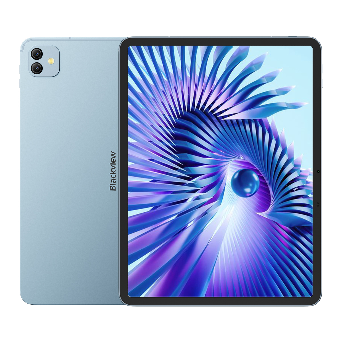 Tableta azul claro con pantalla que muestra diseño abstracto azul y morado. Parte trasera con dos cámaras y logotipo Blackview.