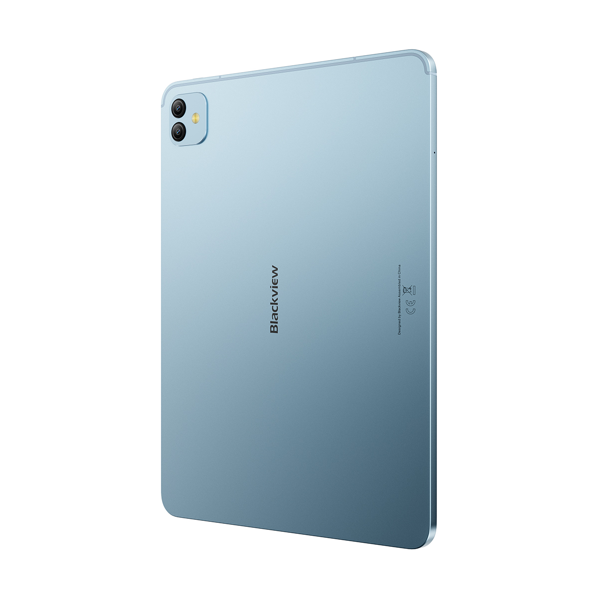Un tablet azzurro chiaro con doppia fotocamera, il logo Blackview e la scritta 'Designed by Blackview'.