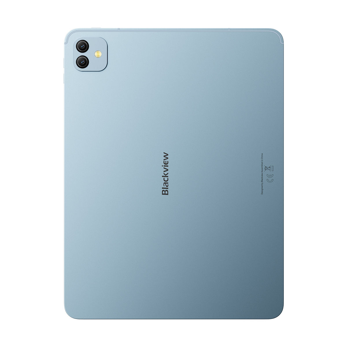 Una tableta Blackview azul claro. Tiene un sistema de doble cámara en la esquina superior izquierda y la marca es visible.