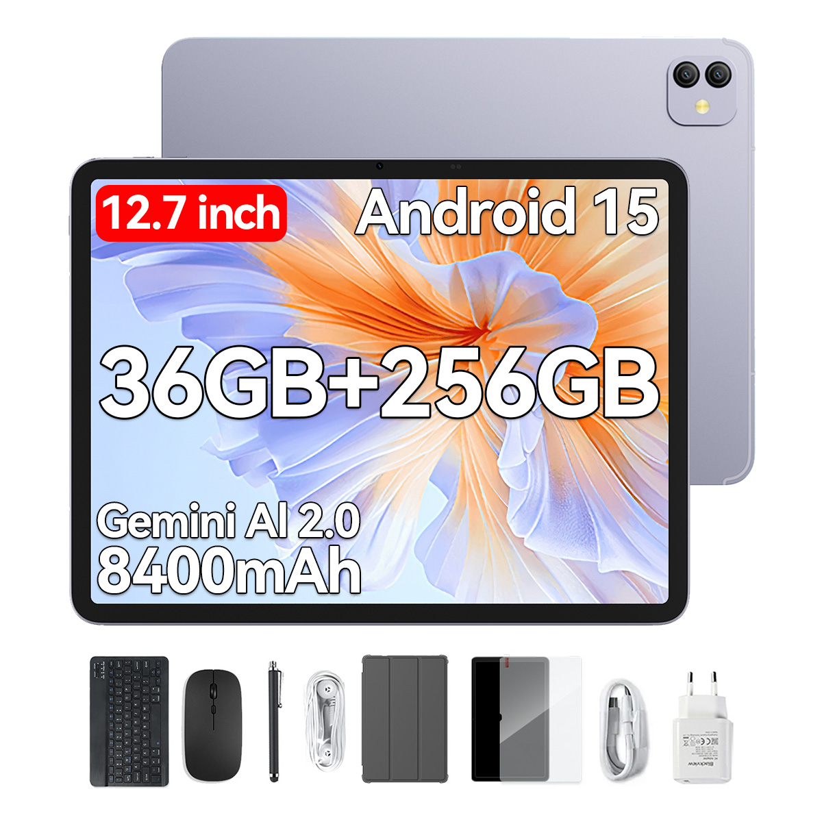 Tablet con schermo che mostra le specifiche. Gli accessori, tra cui tastiera, mouse e caricatore, sono sotto.