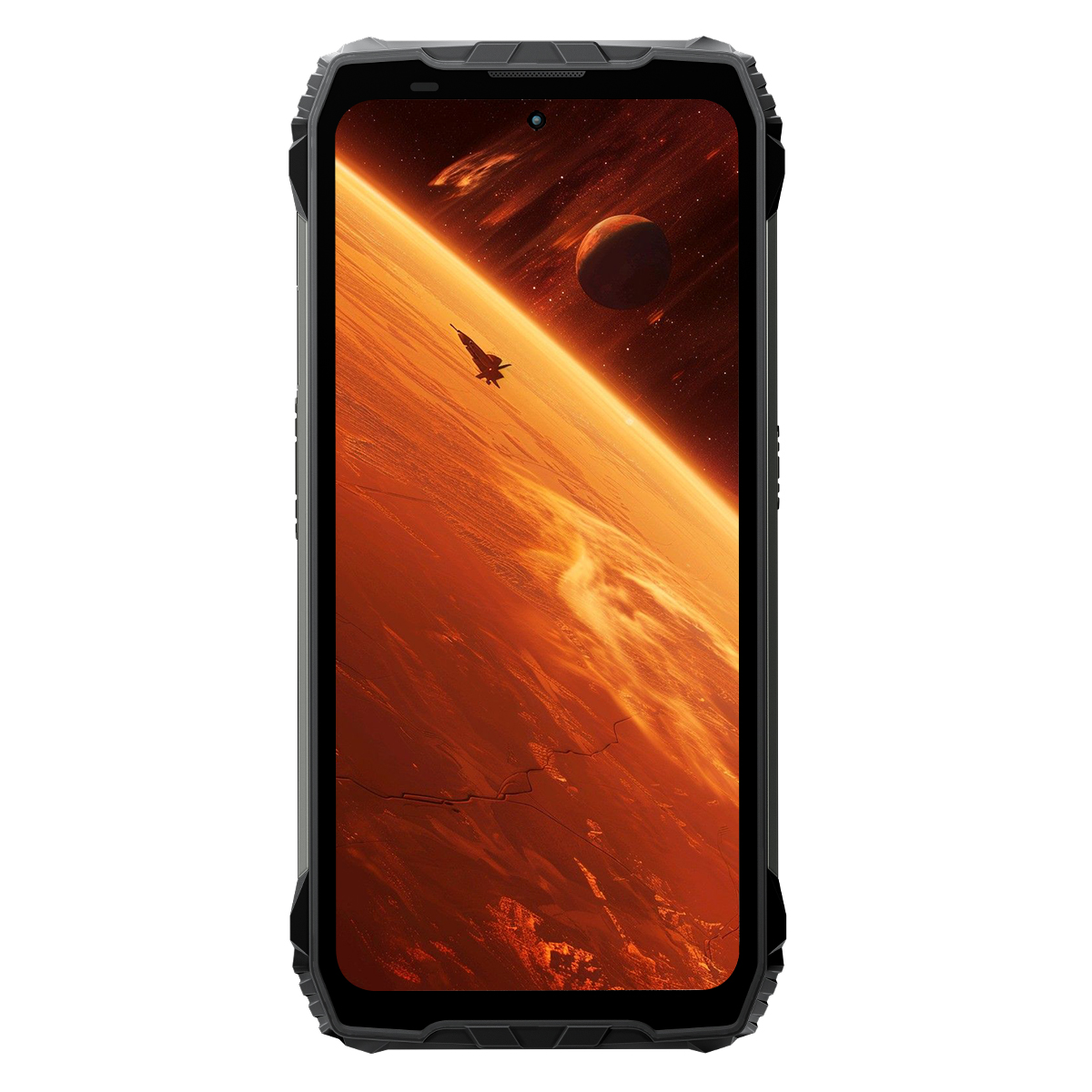 Uno smartphone mostra una scena spaziale con un pianeta, un'astronave e un paesaggio arancione fuoco.