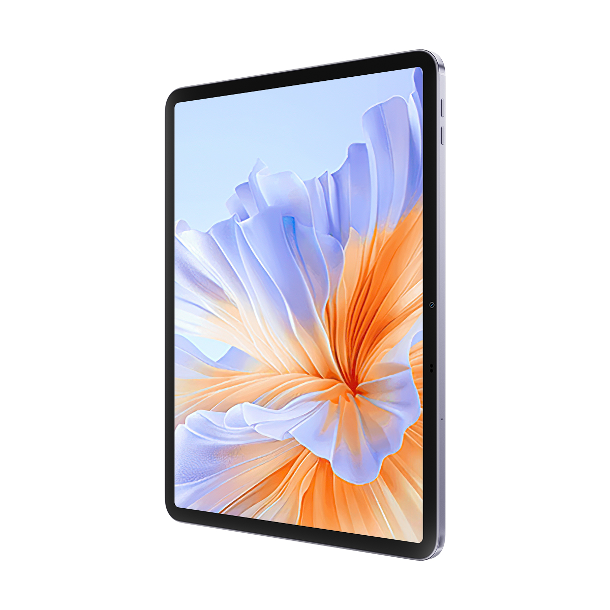 Ein Tablet mit einem Bildschirm, der ein abstraktes Blumendesign in Orange-, Weiß- und Blautönen zeigt. Das Tablet hat einen grauen Rahmen.