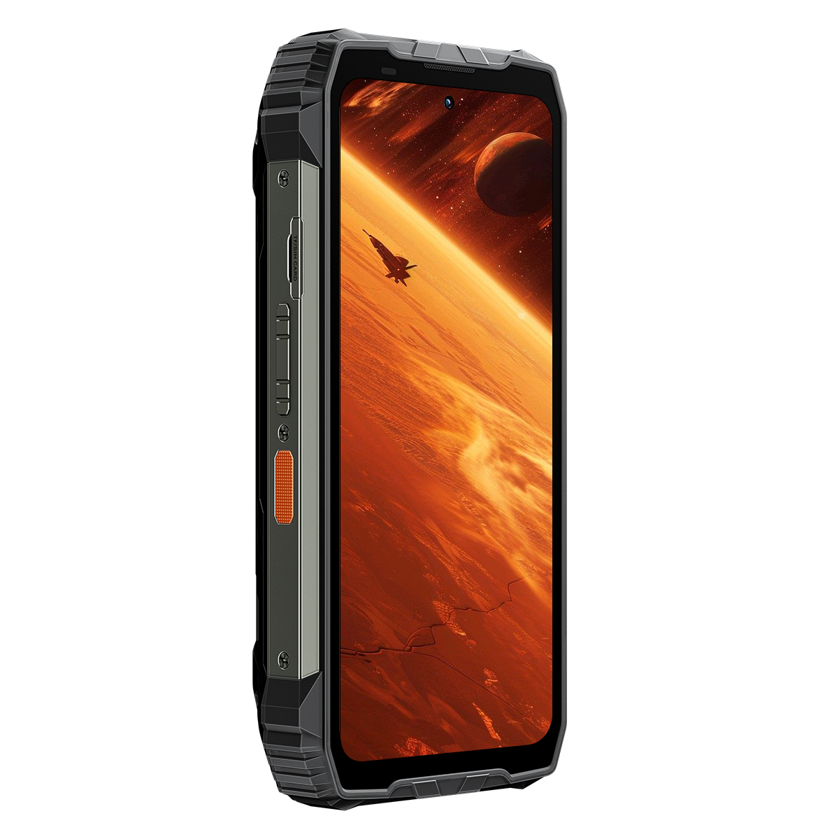 Wytrzymały smartfon z ekranem przedstawiającym statek kosmiczny lecący nad krajobrazem podobnym do Marsa. Czarno-szara obudowa.