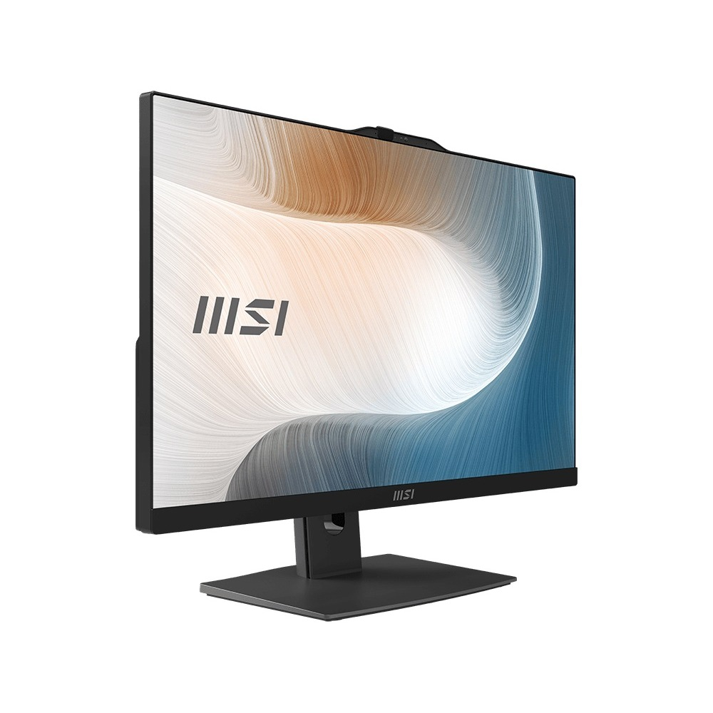Siyah çerçeveli ve standlı bir MSI monitör. Ekran beyaz, kahverengi ve mavi dalgalı bir desen gösteriyor. MSI logosu görünür durumda.