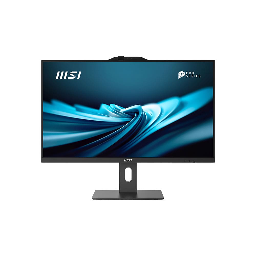 Monitor komputera z ciemnoniebieskim ekranem pokazującym abstrakcyjne fale. Monitor jest czarny i ma logo MSI.