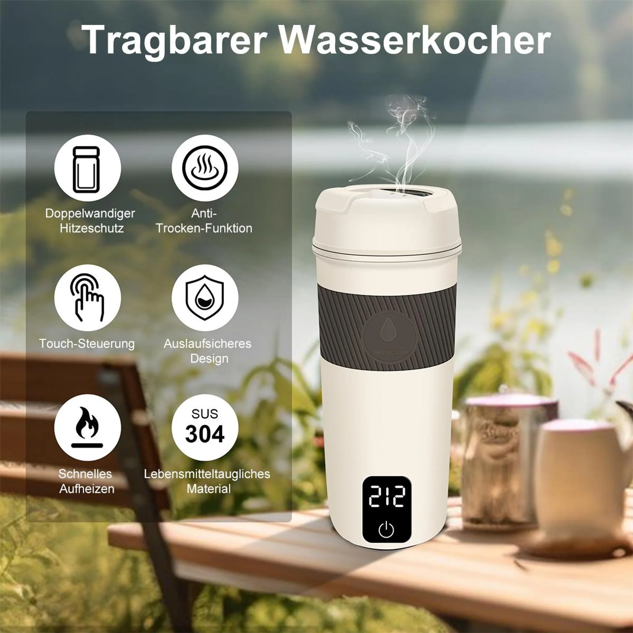 Tragbarer weißer Wasserkocher mit digitaler Anzeige 212. Dampf kommt heraus und steht auf einem Holztisch.
