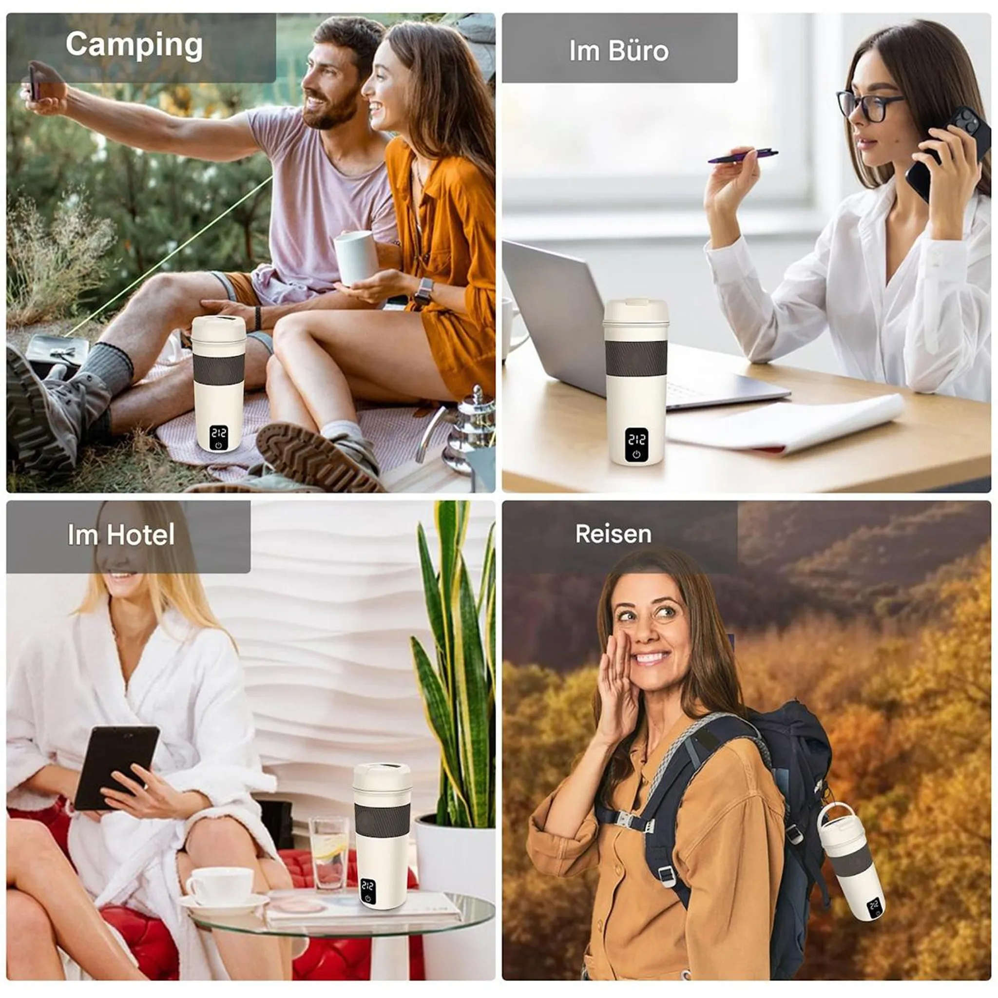 Das Bild zeigt Szenen: Camping, Büro, Hotel und Reisen. Jedes hat einen ähnlichen intelligenten Becher.
