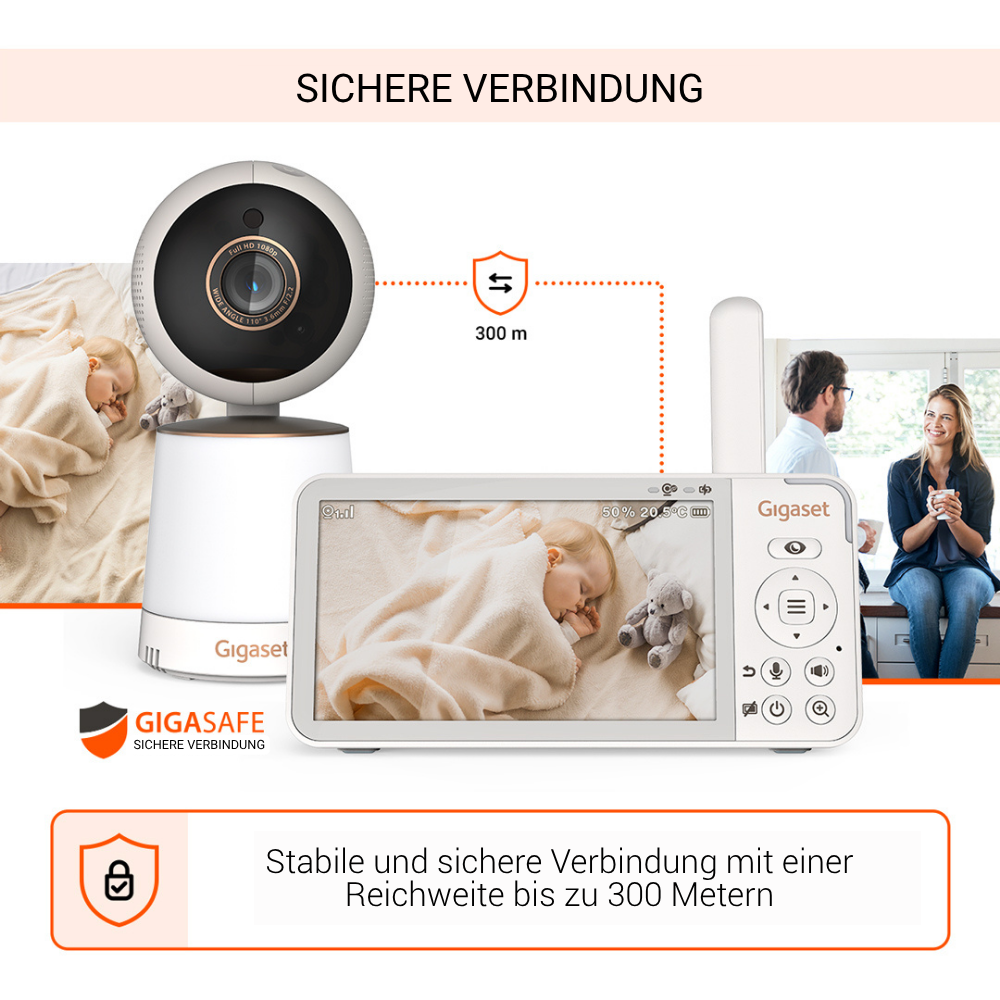 Babyphone mit Kamera und Bildschirm. Baby schläft im Bett, Eltern im Hintergrund. Text: Sichere Verbindung, bis zu 300m Reichweite.