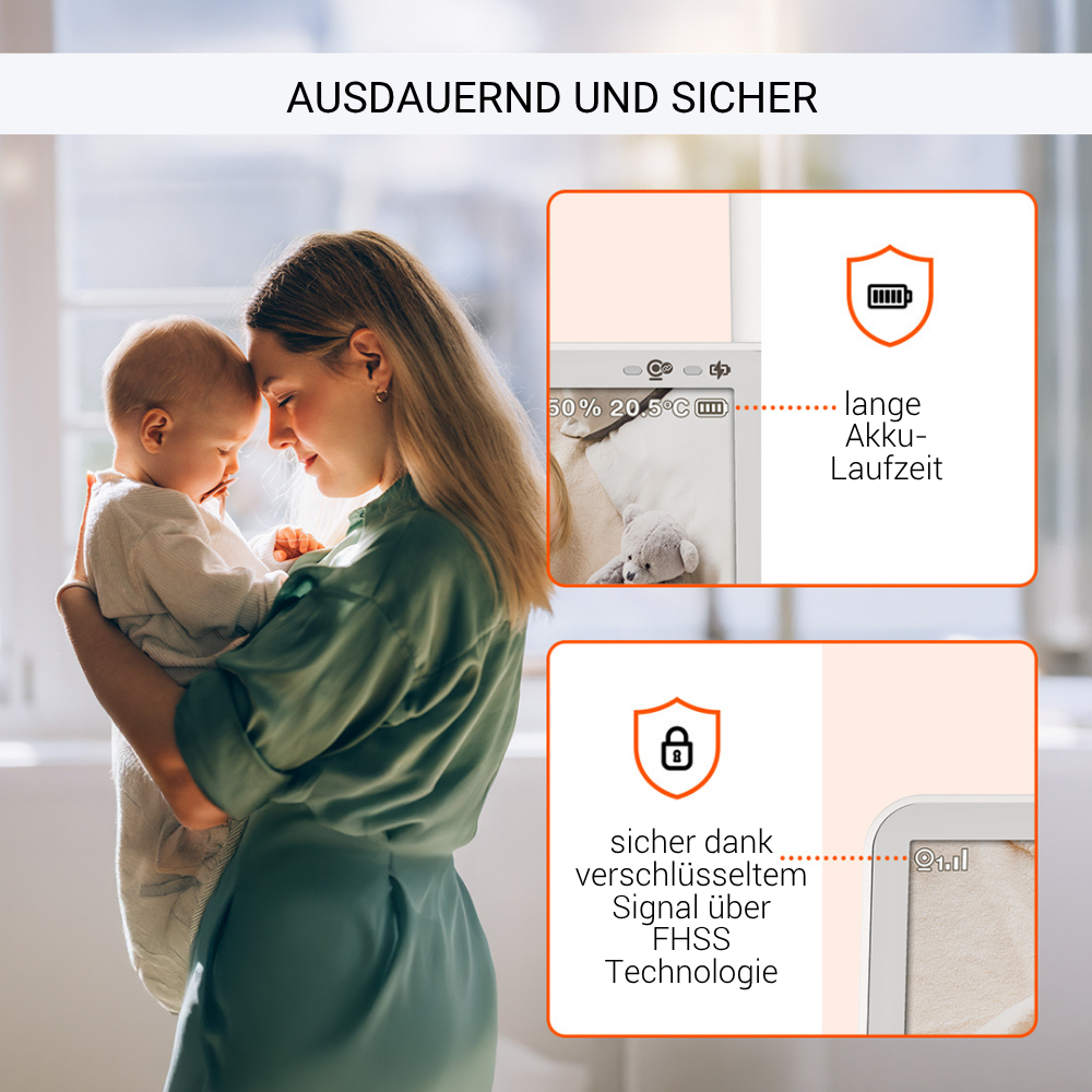 Eine Frau hält ein Baby. Text sagt 'lange Akkulaufzeit' und 'sicheres Signal'. Ein Bildschirm zeigt 50% Akku und 20,5°C Temperatur.