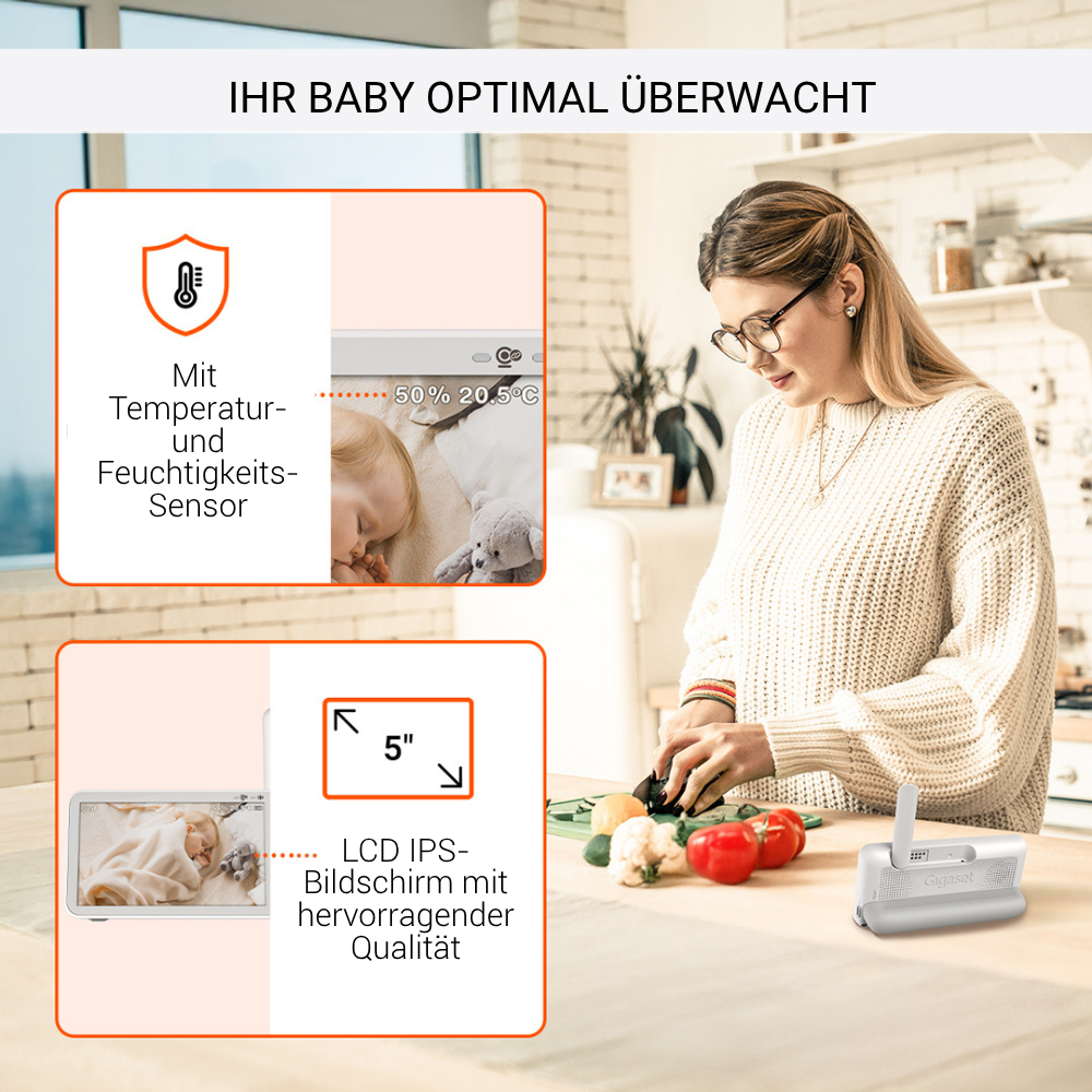 Eine Frau in der Küche, überwacht das Baby auf dem Bildschirm mit Temperatur- und Feuchtigkeitsinformationen. Gemüse auf dem Tisch, ein Babyphone.