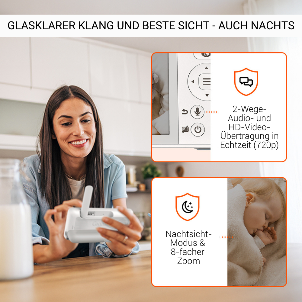 Eine Frau hält einen weißen Babyphone lächelnd. Das Bild zeigt Funktionen wie Nachtsicht, 8x Zoom und HD-Videoübertragung.