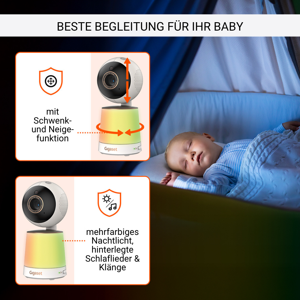 Ein Babyphone mit einem schlafenden Baby im Hintergrund. Der Monitor hat eine Kamera und eine farbenfrohe Lichtbasis.