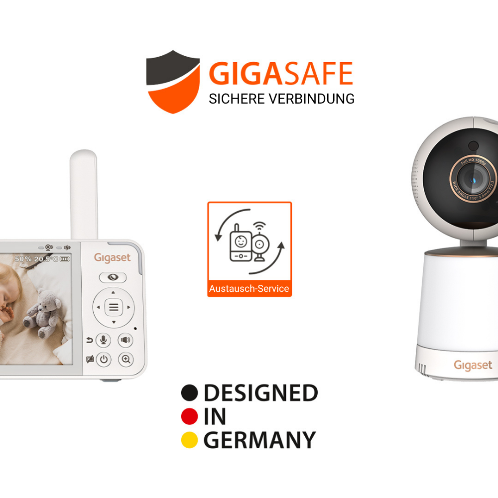 Ein Babyphone mit Bildschirm, der ein Baby zeigt, eine Kamera und ein Logo mit der Aufschrift 'GIGASAFE'. Der Text 'Designed in Germany' ist ebenfalls vorhanden.