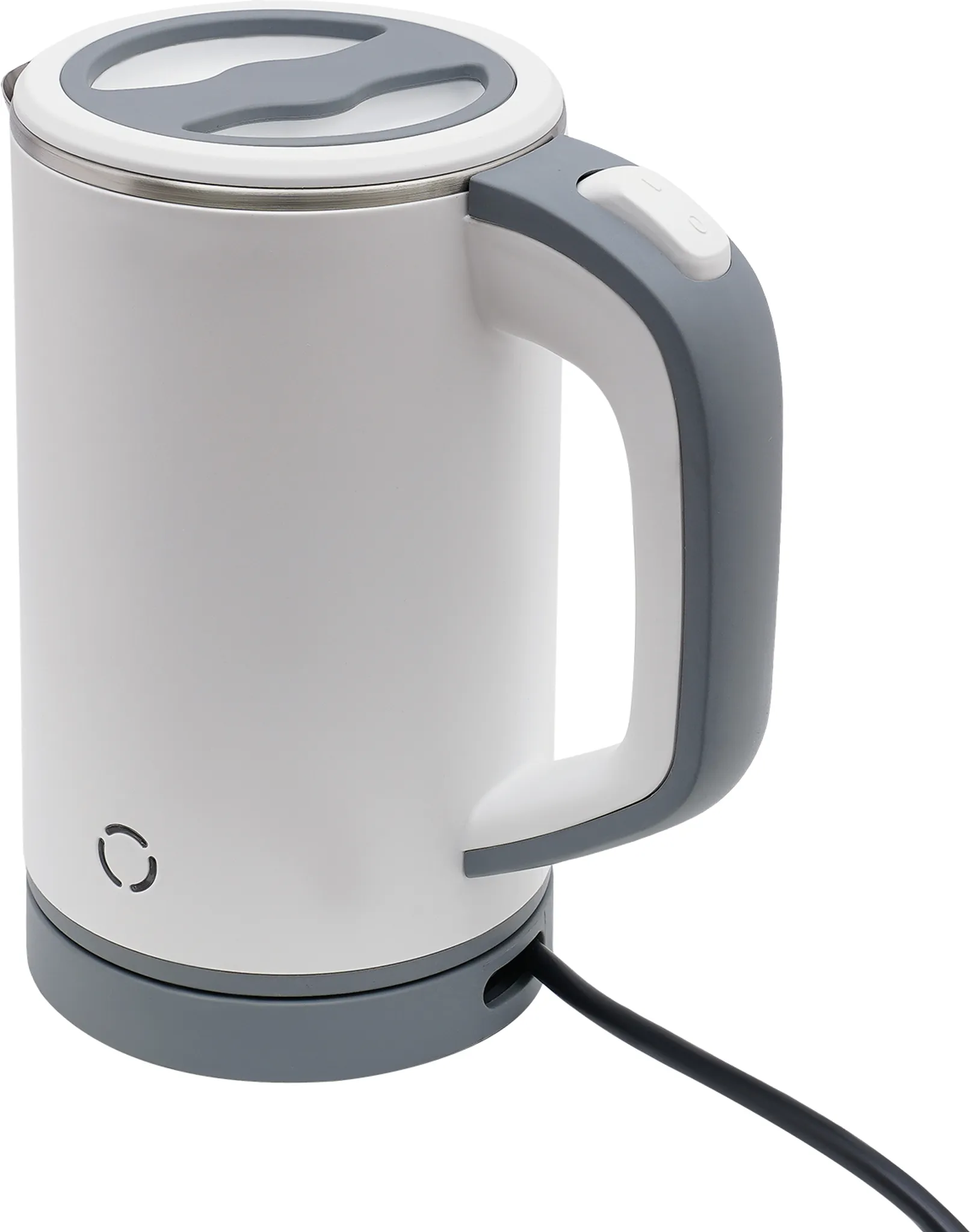 Ein weißer Wasserkocher mit grauem Griff und Deckel steht vor weißem Hintergrund. Ein schwarzes Netzkabel ist sichtbar.