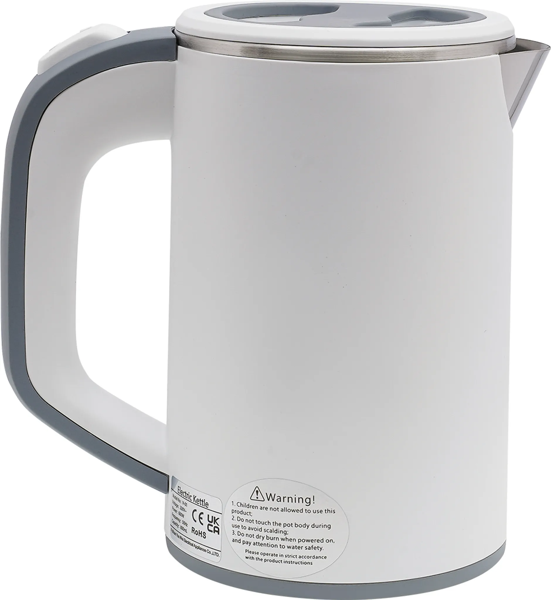 Ein weißer Wasserkocher mit grauem Griff und Deckel. Er hat ein Warnschild und ein Markenetikett.