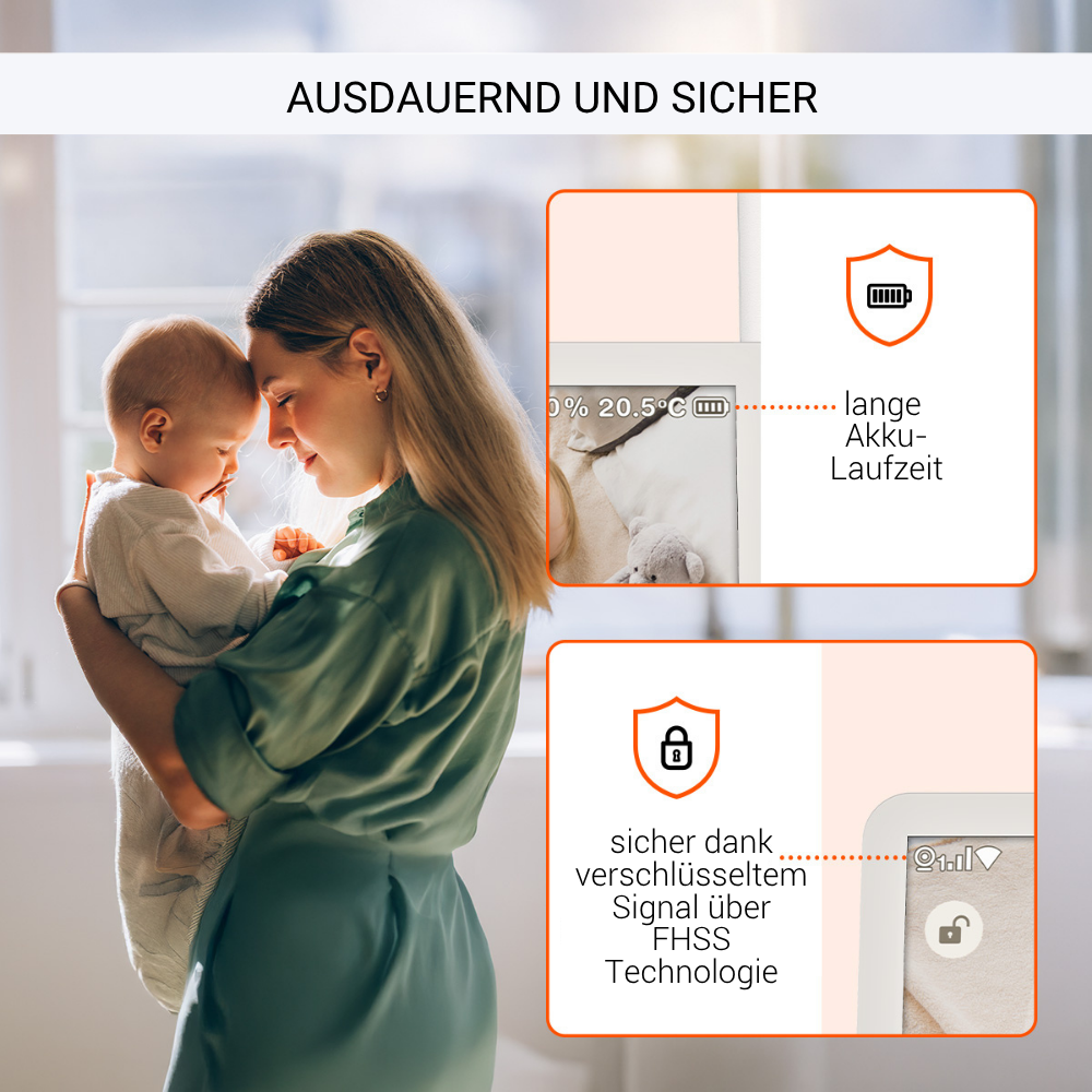 Eine Frau hält ein Baby. Das Bild zeigt Informationen über lange Akkulaufzeit und sichere Signaltechnologie.