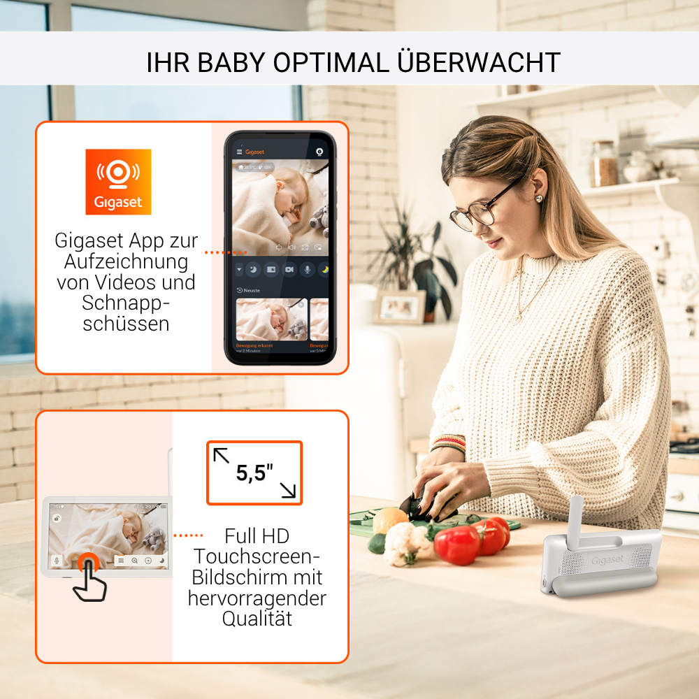 Frau mit Brille an Theke mit Gemüse, Babyphone und Handy-Oberfläche, wirbt für Gigaset Babyüberwachung.
