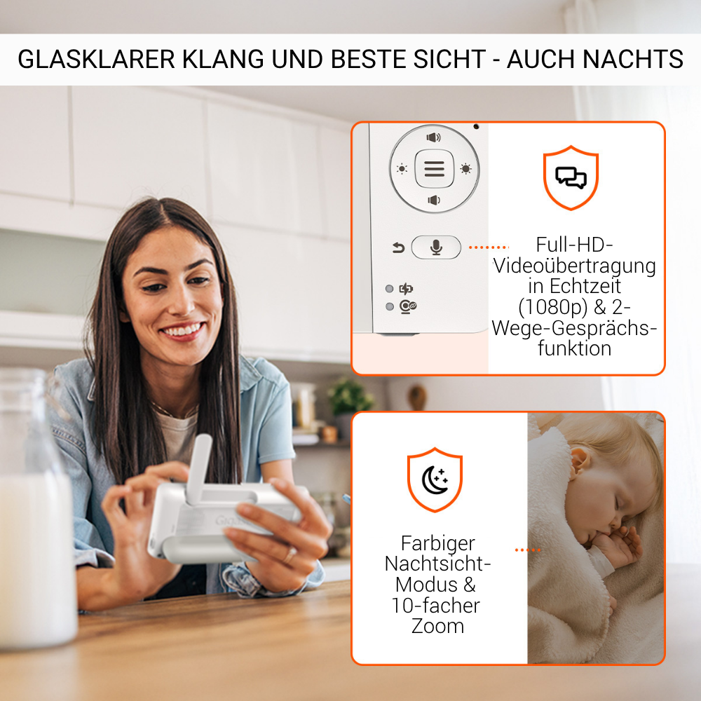 Eine Frau hält einen Babyphone lächelnd. Text beschreibt Funktionen wie Nachtsicht, Zoom und HD-Videoübertragung.