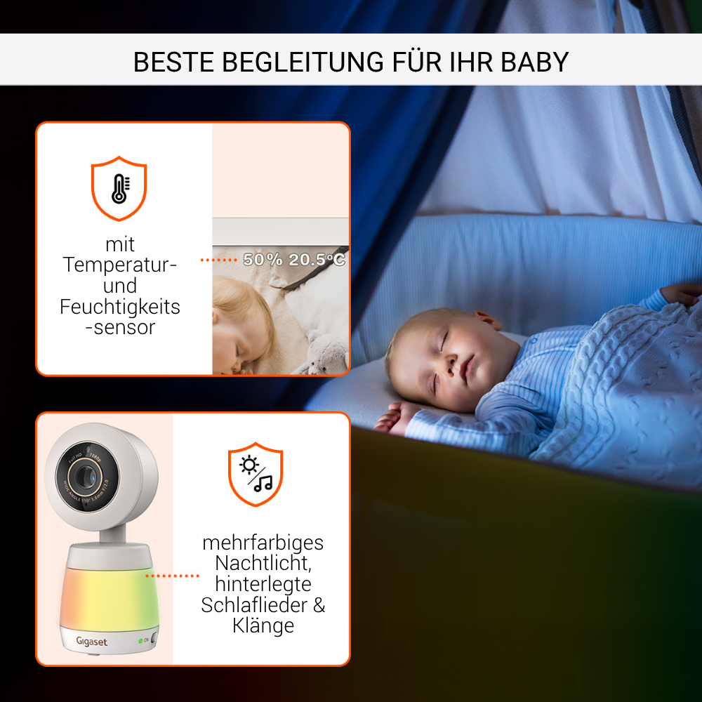 Ein Baby schläft in einem Kinderbett, neben Grafiken, die Temperatur- und Nachtlichtfunktionen eines Babyphones zeigen.