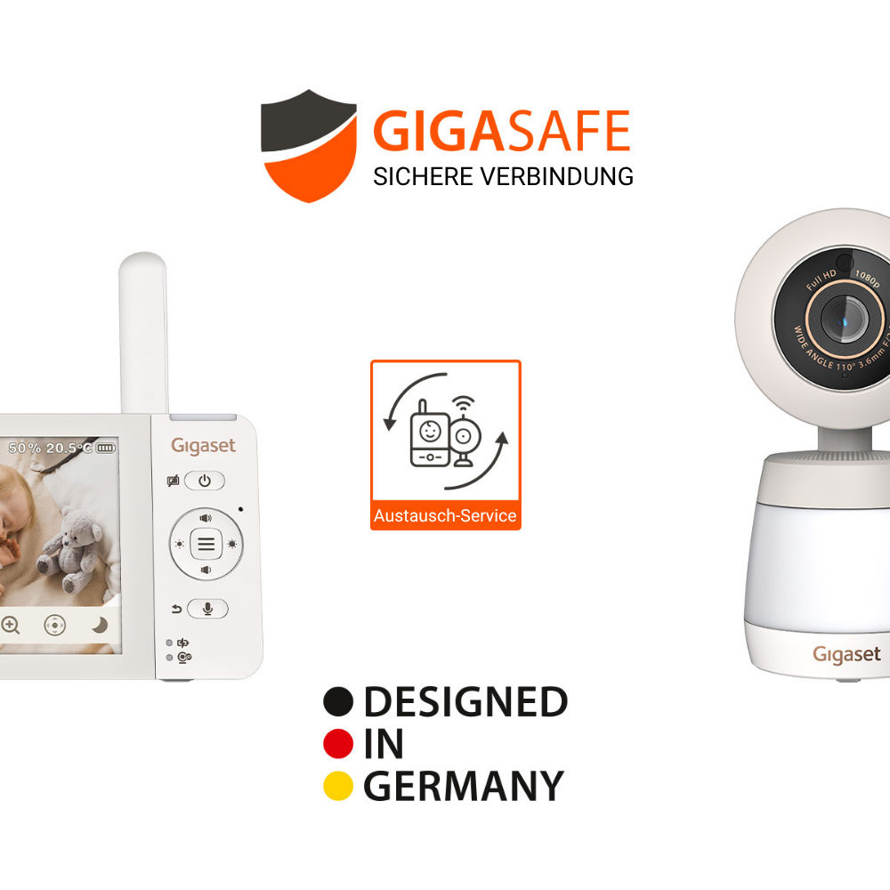 Ein Babyphone mit Kamera und Bildschirm. Der Bildschirm zeigt ein Baby mit Teddybär. Text sagt 'Designed in Germany'.