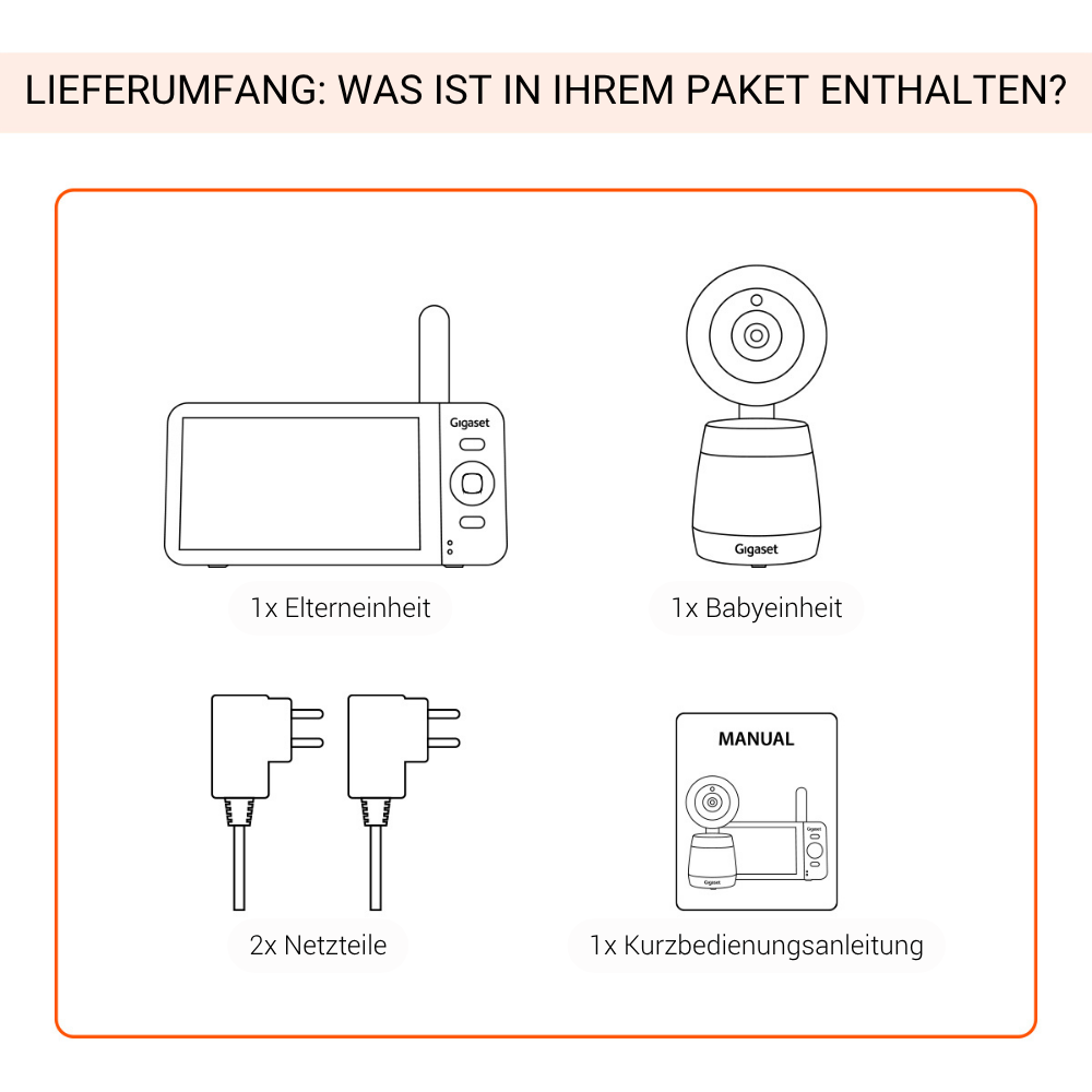 Diagramm der Babyphone-Komponenten: Elterneinheit, Babyeinheit, zwei Netzteile und eine Anleitung. Alle mit Gigaset beschriftet.