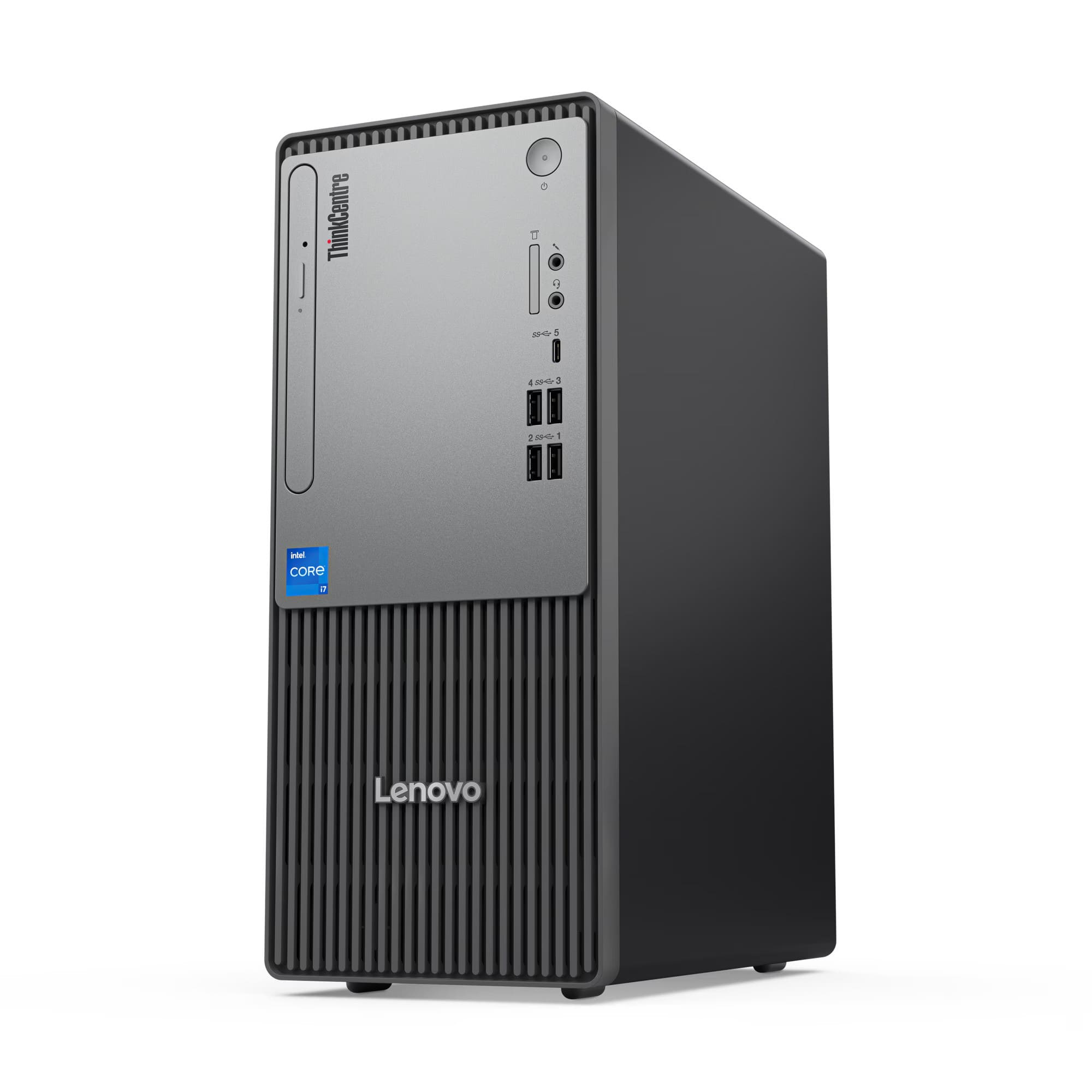 Bir Lenovo ThinkCentre masaüstü bilgisayar. Siyah ve gridir, Intel Core i7 logosu bulunur. Lenovo logosu görünür.