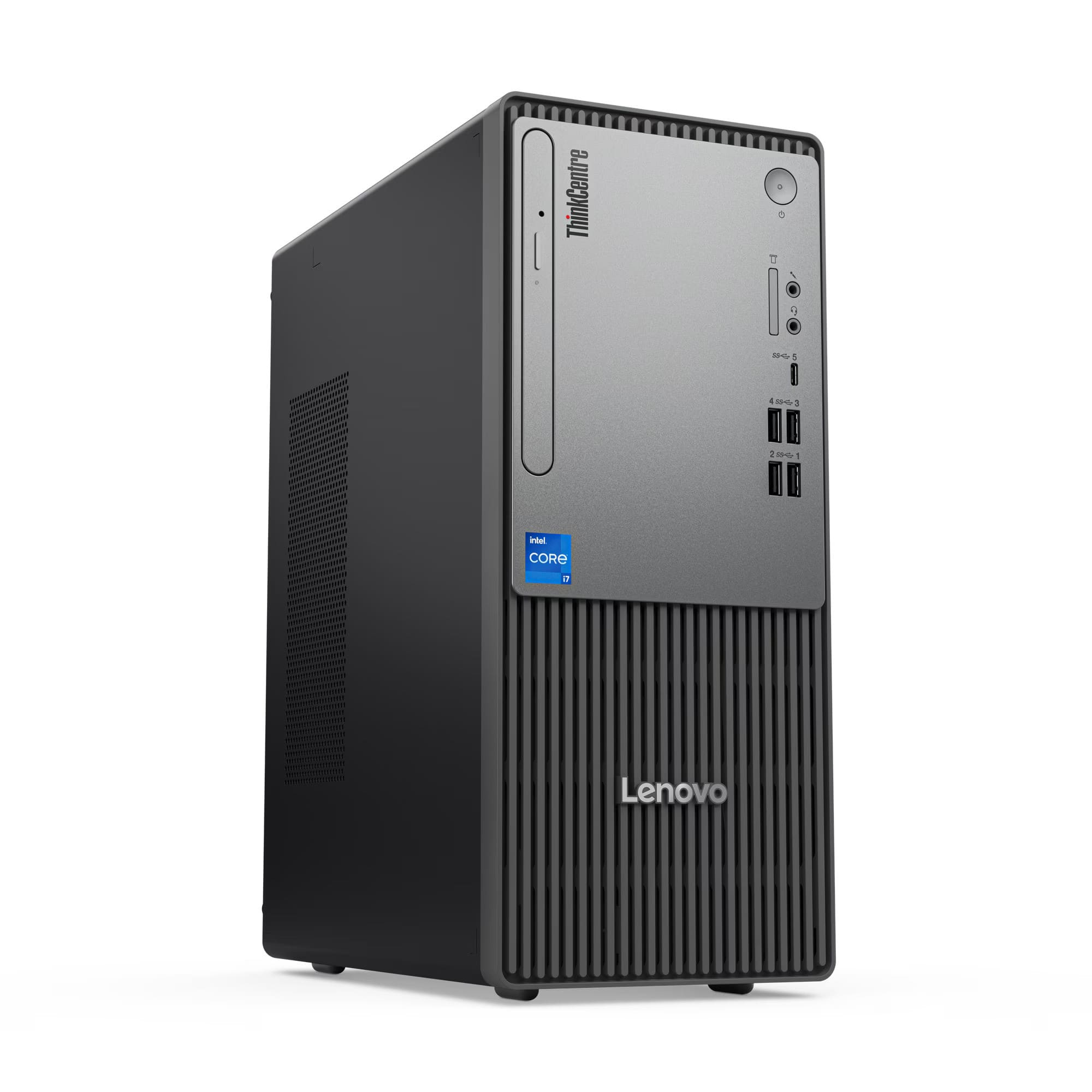 Bir Lenovo ThinkCentre masaüstü bilgisayar. Siyah ve gridir, üzerinde Intel Core i7 etiketi var.