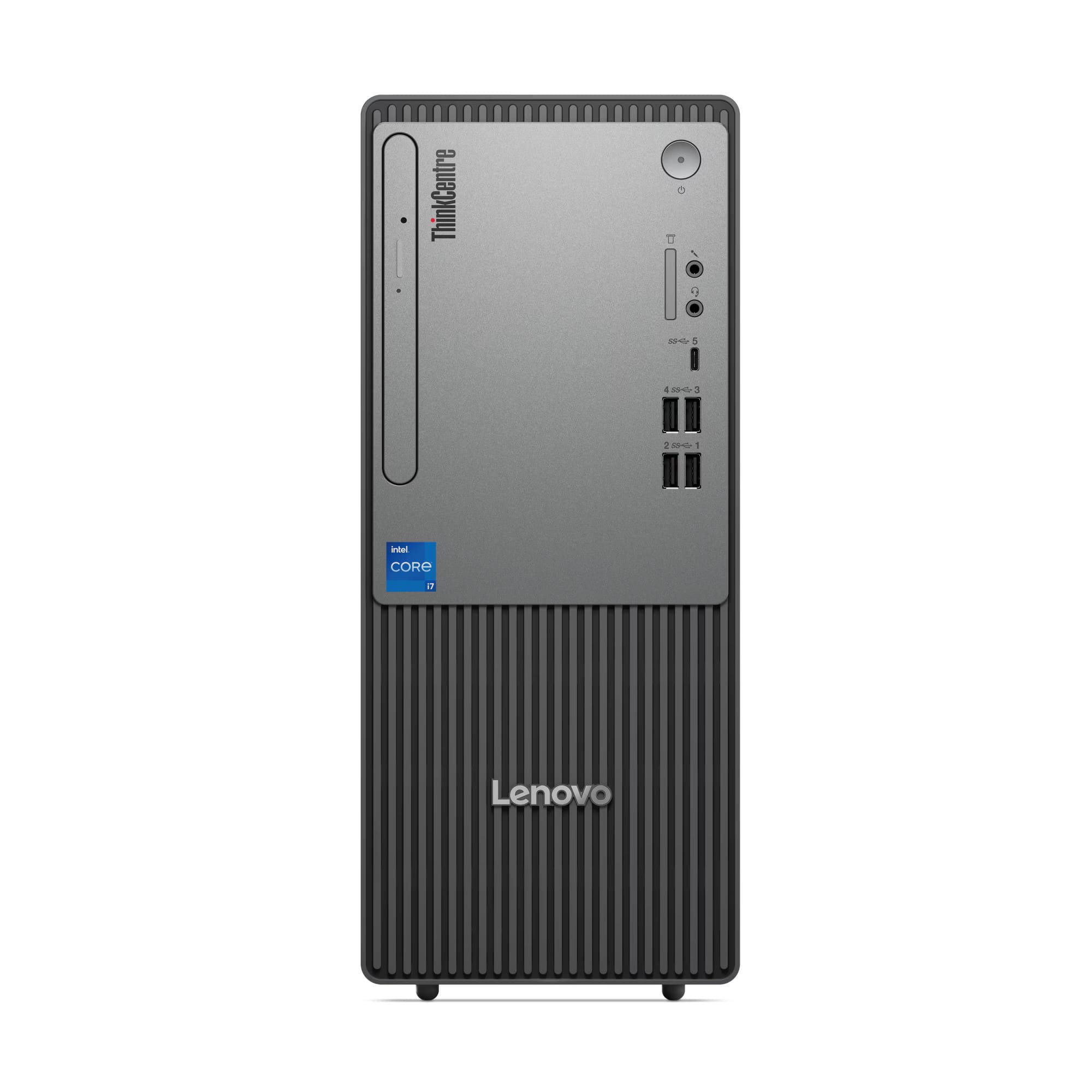 Bir Lenovo ThinkCentre masaüstü bilgisayarı. Ön tarafı gümüş vurgularla siyah renktedir. Intel Core i7 ve Lenovo logolarını içerir.