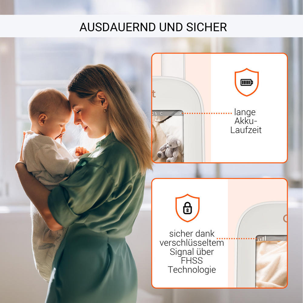 Eine Frau hält ein Baby. Das Bild zeigt Details zur Akkulaufzeit und sicheren Signaltechnologie.