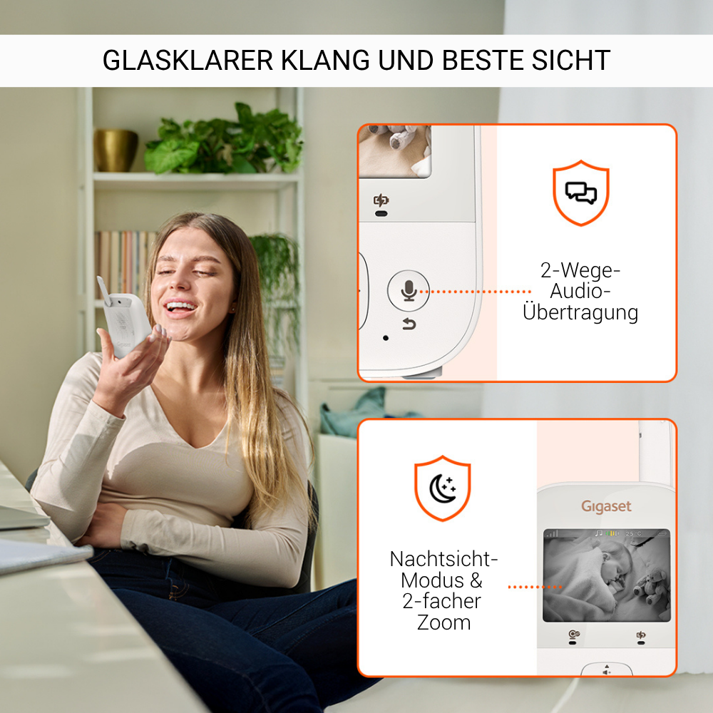 Eine Frau hält einen Babyphone, lächelt, mit Funktionen wie Zwei-Wege-Audio und Nachtsicht-Zoom.