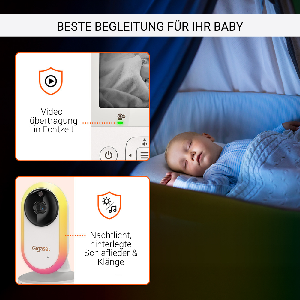 Ein Baby schläft in einem Kinderbett. Ein Babyphone zeigt das Baby an. Der Monitor hat Funktionen wie Nachtlicht und Geräusche.
