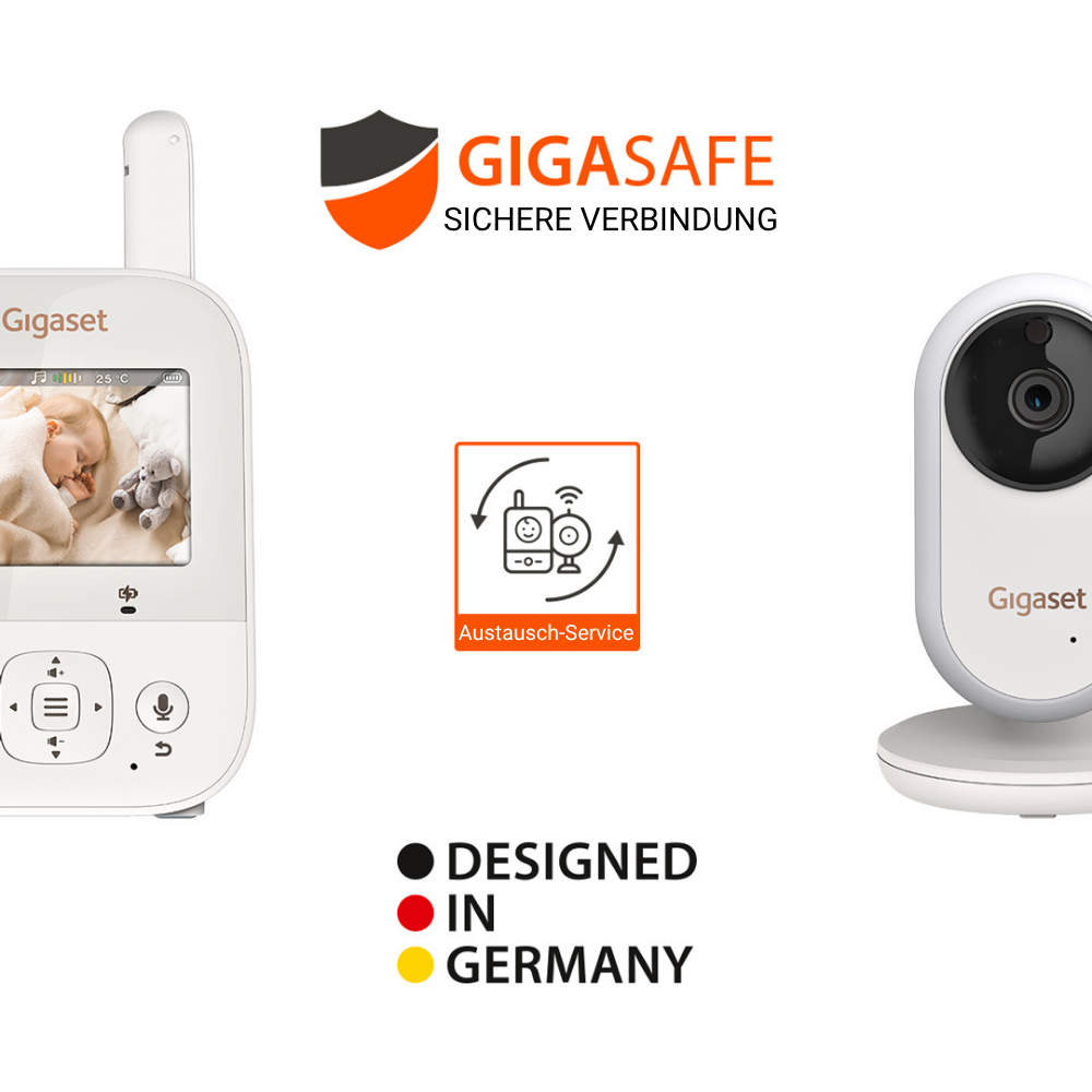 Ein Babyphone-Set. Der Monitor zeigt ein schlafendes Baby. Die Kamera ist rechts. Gigaset-Logo und Text 'Designed in Germany'.