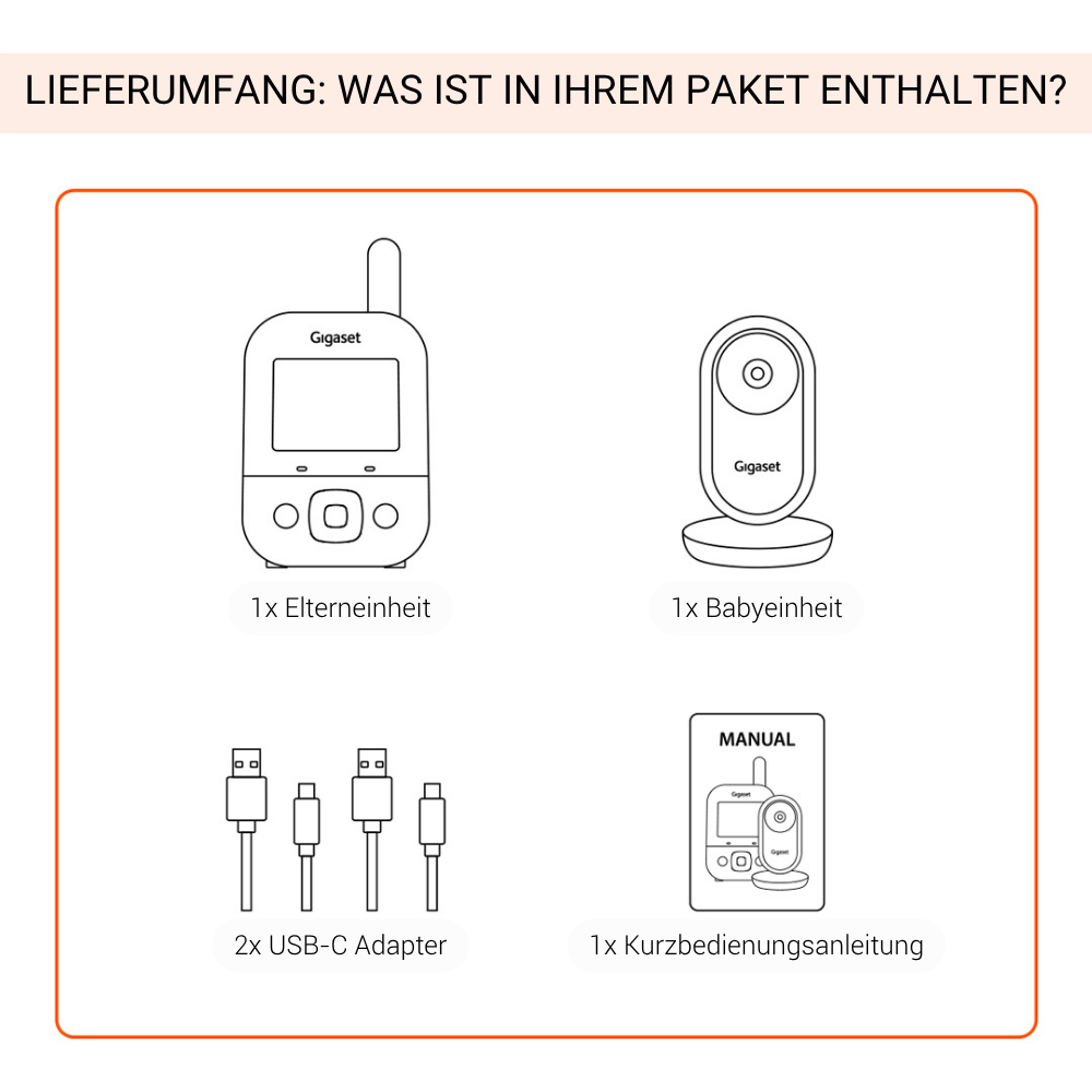 Diagramm der Babyphone-Komponenten: Elterneinheit, Babyeinheit, USB-C-Adapter und eine Bedienungsanleitung, alles in Schwarzweiß.