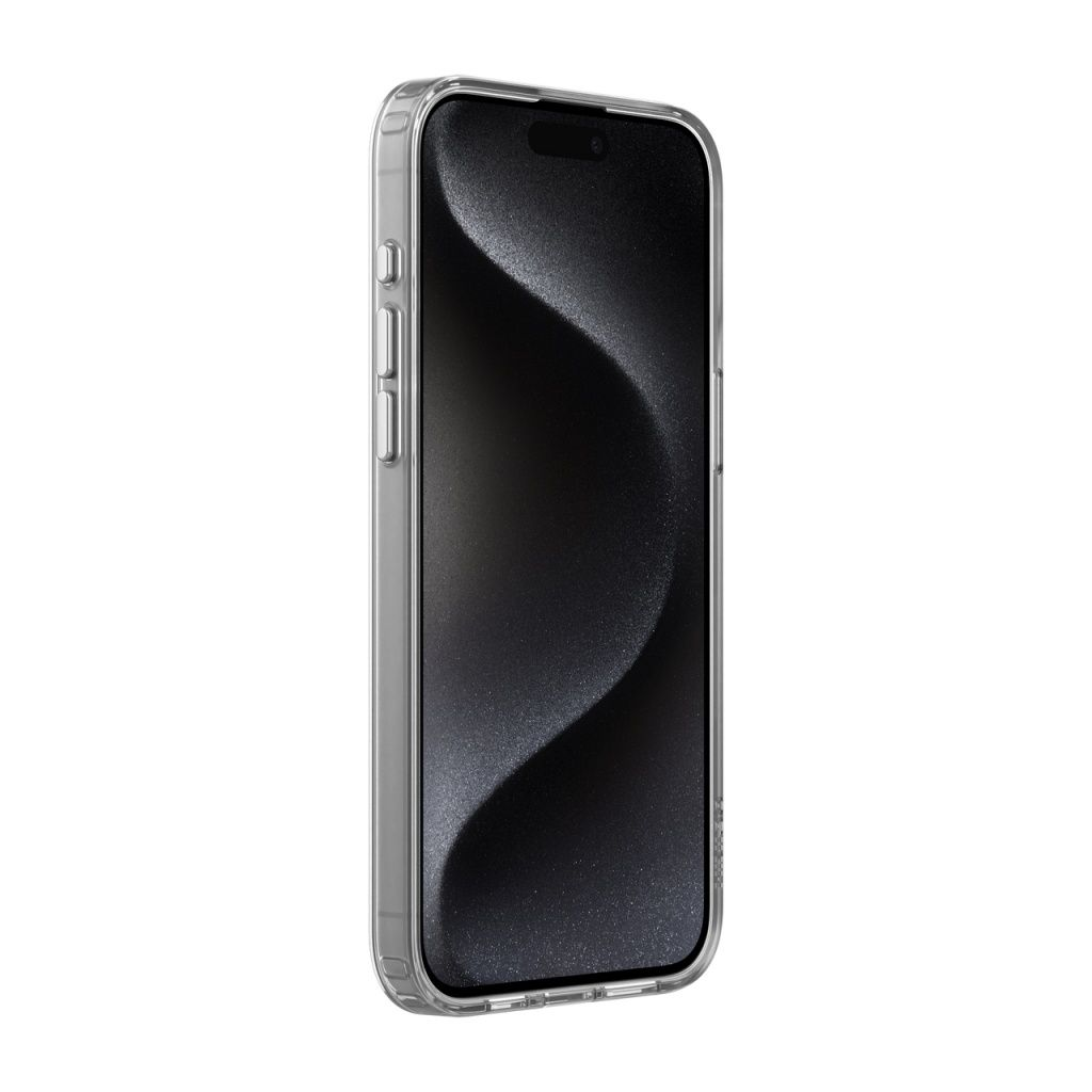 Una custodia trasparente protegge uno smartphone. Lo schermo del telefono è nero. La custodia è trasparente, mostrando i pulsanti laterali.