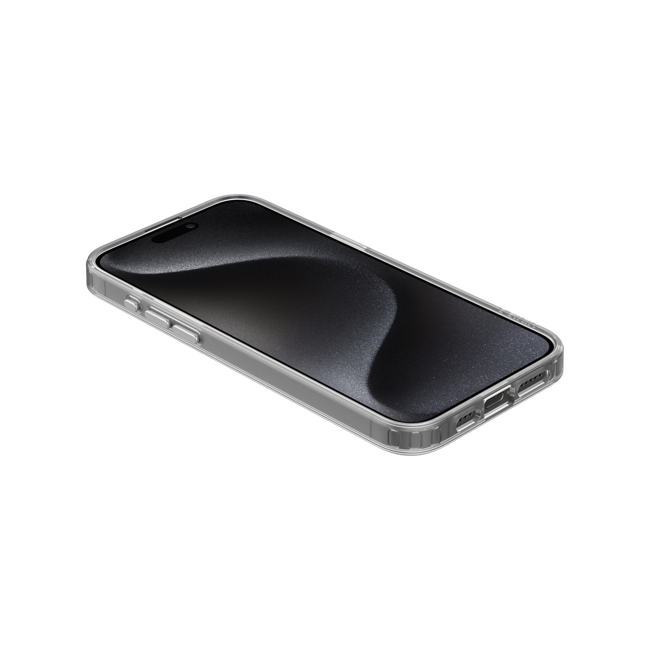 Ein Smartphone in einer transparenten Hülle. Der Bildschirm ist dunkel. Die Hülle ist klar mit grauen Rändern. Das Telefon liegt auf weißem Grund.