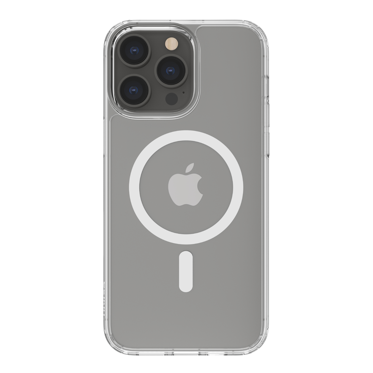 Transparente iPhone-Hülle mit weißem Apple-Logo und MagSafe-Kreis. Die Rückseite des Telefons mit drei Kameras ist sichtbar.