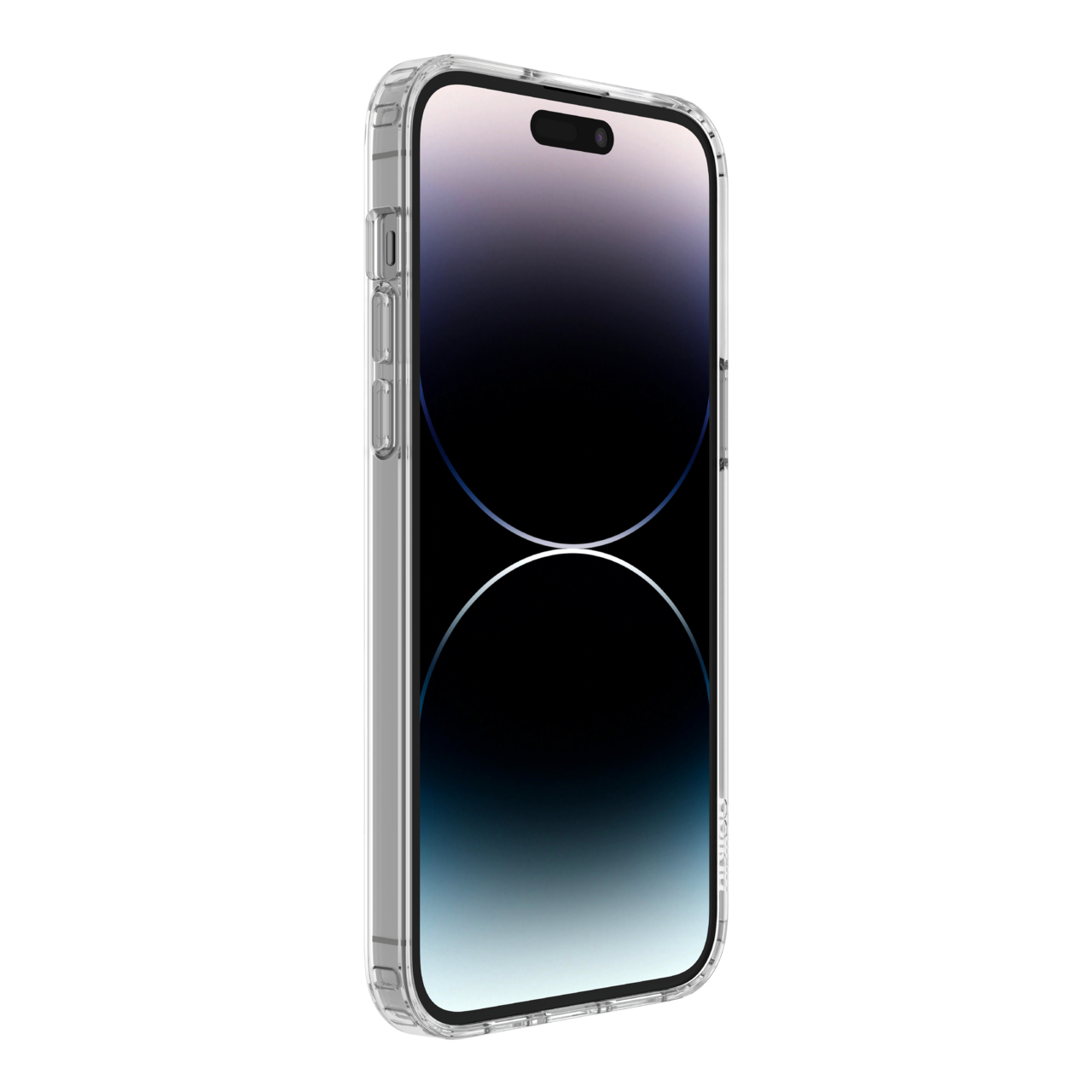 Ein Smartphone in einer transparenten Hülle wird gezeigt. Der Bildschirm ist schwarz mit Lichtreflexen. Die Hülle hat Tastenabdeckungen.