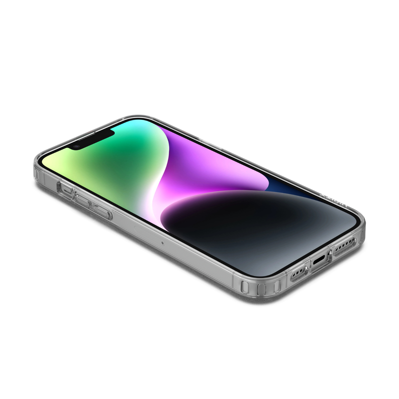 Uno smartphone in una custodia trasparente appoggia su una superficie bianca. Lo schermo mostra gradienti verdi, viola e neri.