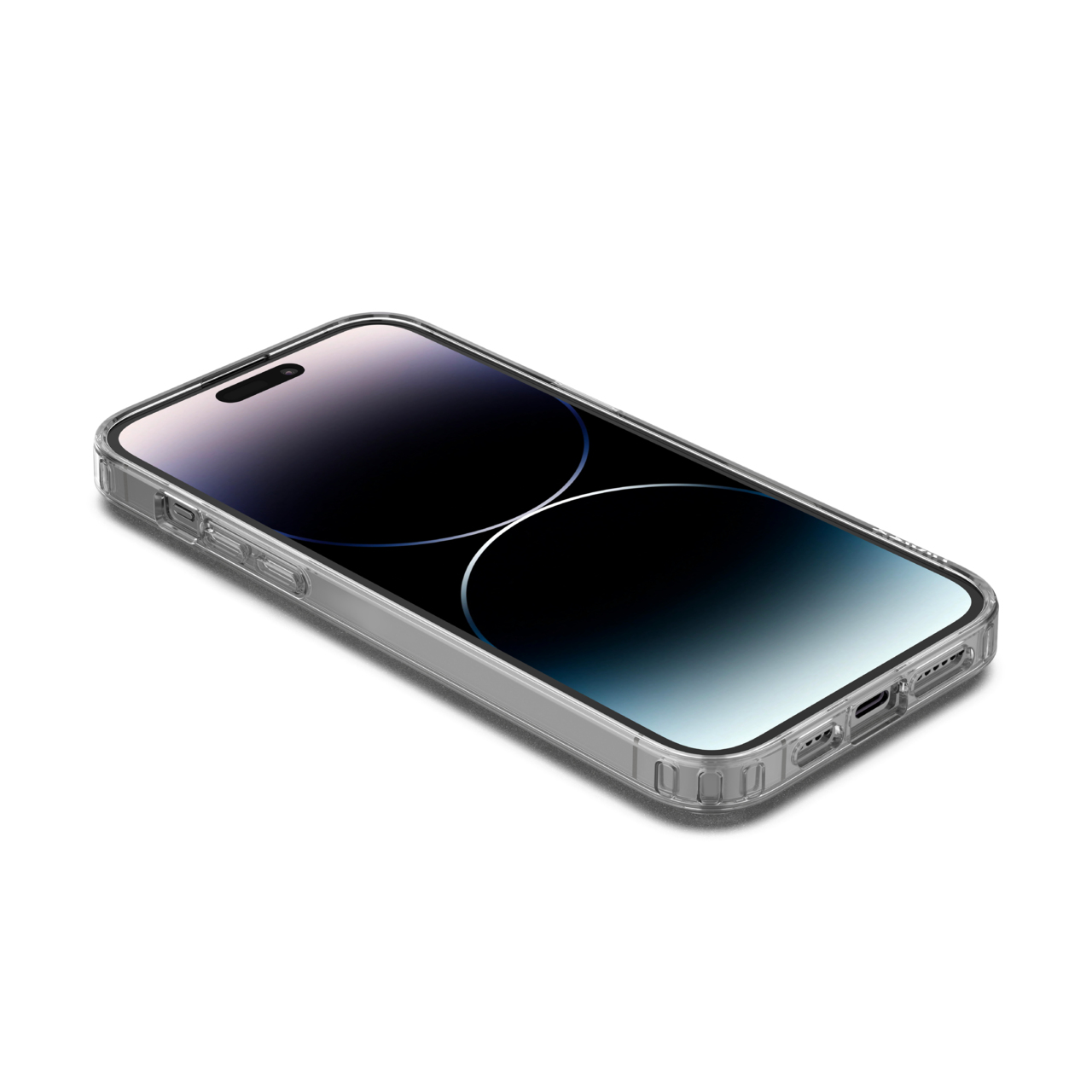 Eine transparente Handyhülle schützt ein Smartphone mit schwarzem Bildschirm, diagonal auf weißem Untergrund.