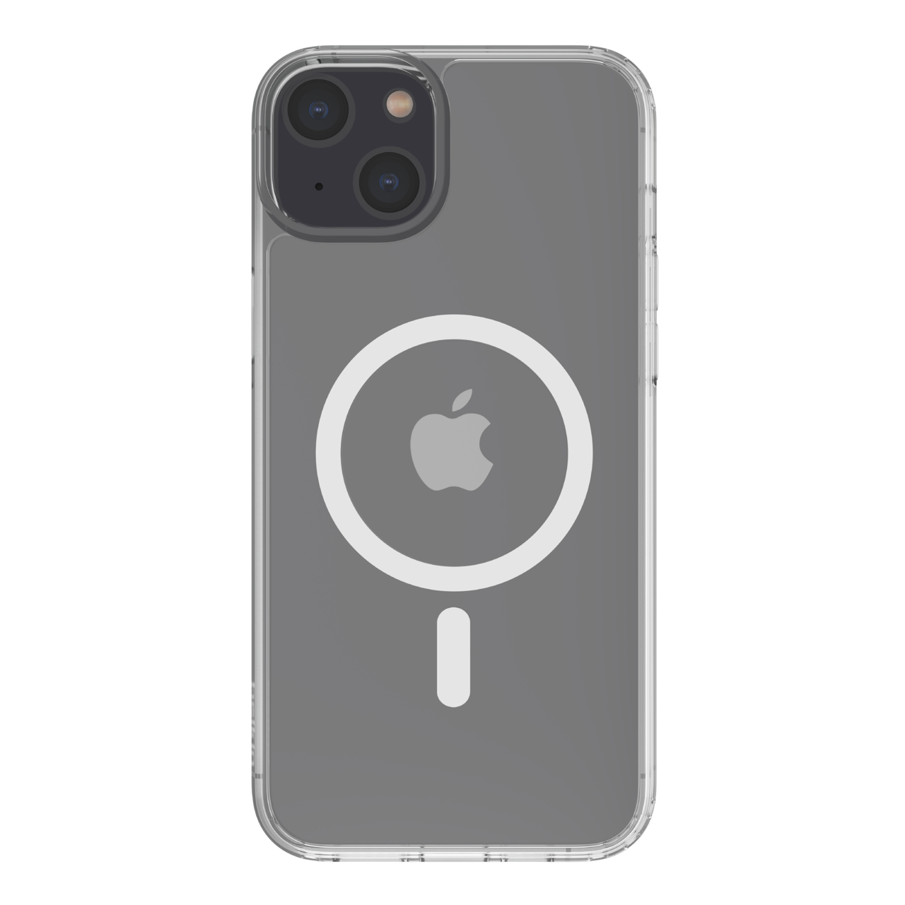 Custodia trasparente per iPhone con retro grigio. Ha un anello MagSafe bianco e il logo Apple. La custodia ha due lenti per fotocamera.
