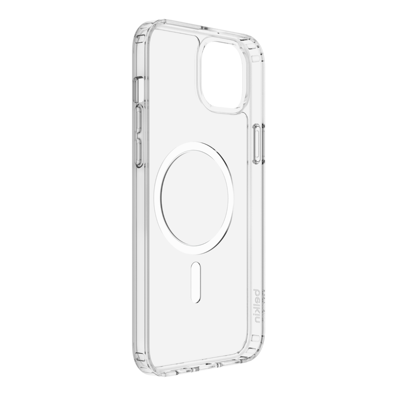 Custodia trasparente per telefono. Ha un design a cerchio e linea verticale. Il marchio è visibile in basso a destra.