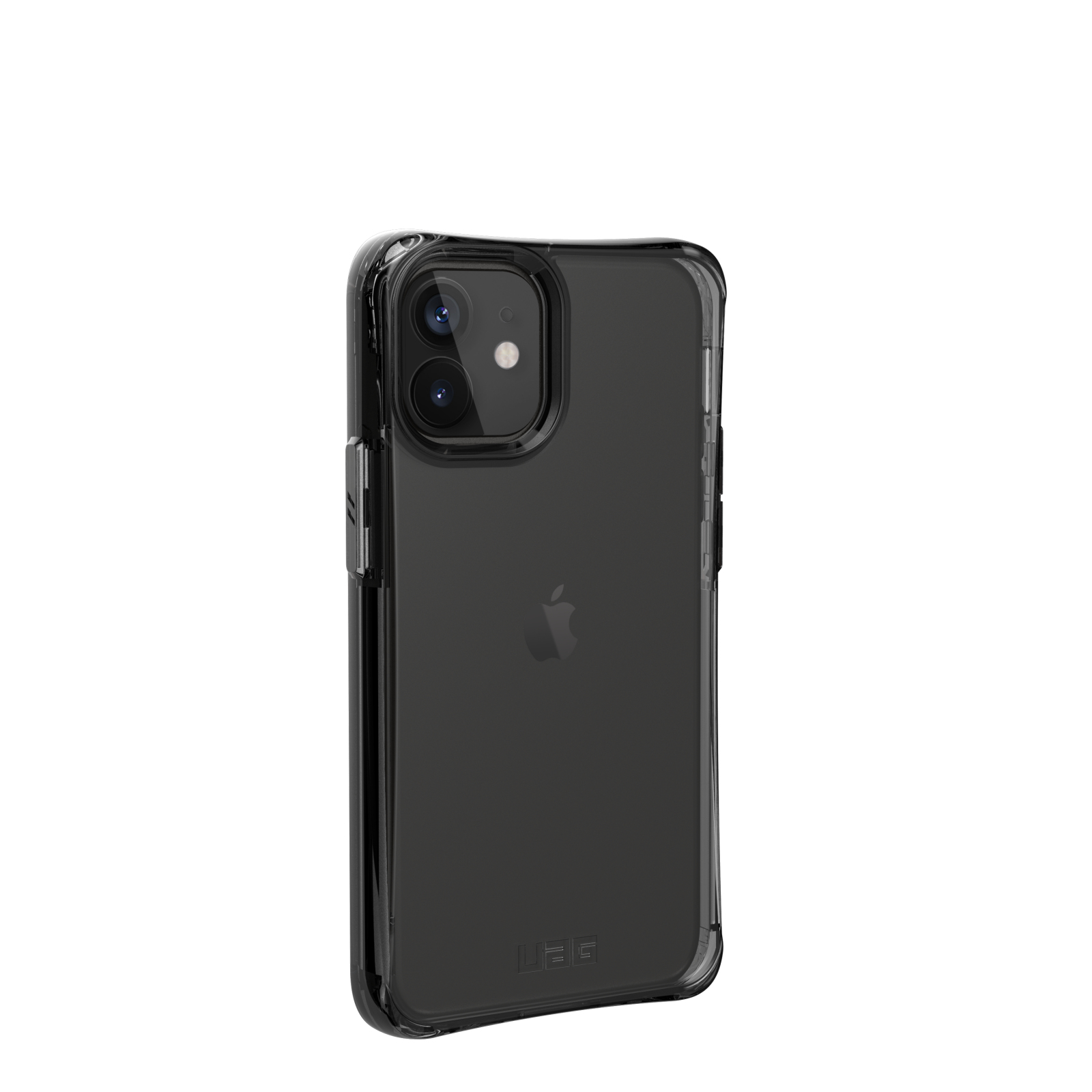 Gezeigtes klares iPhone-Gehäuse, das die Rückseite des Telefons mit dem Apple-Logo zeigt. Das Gehäuse hat ein UAG-Logo.