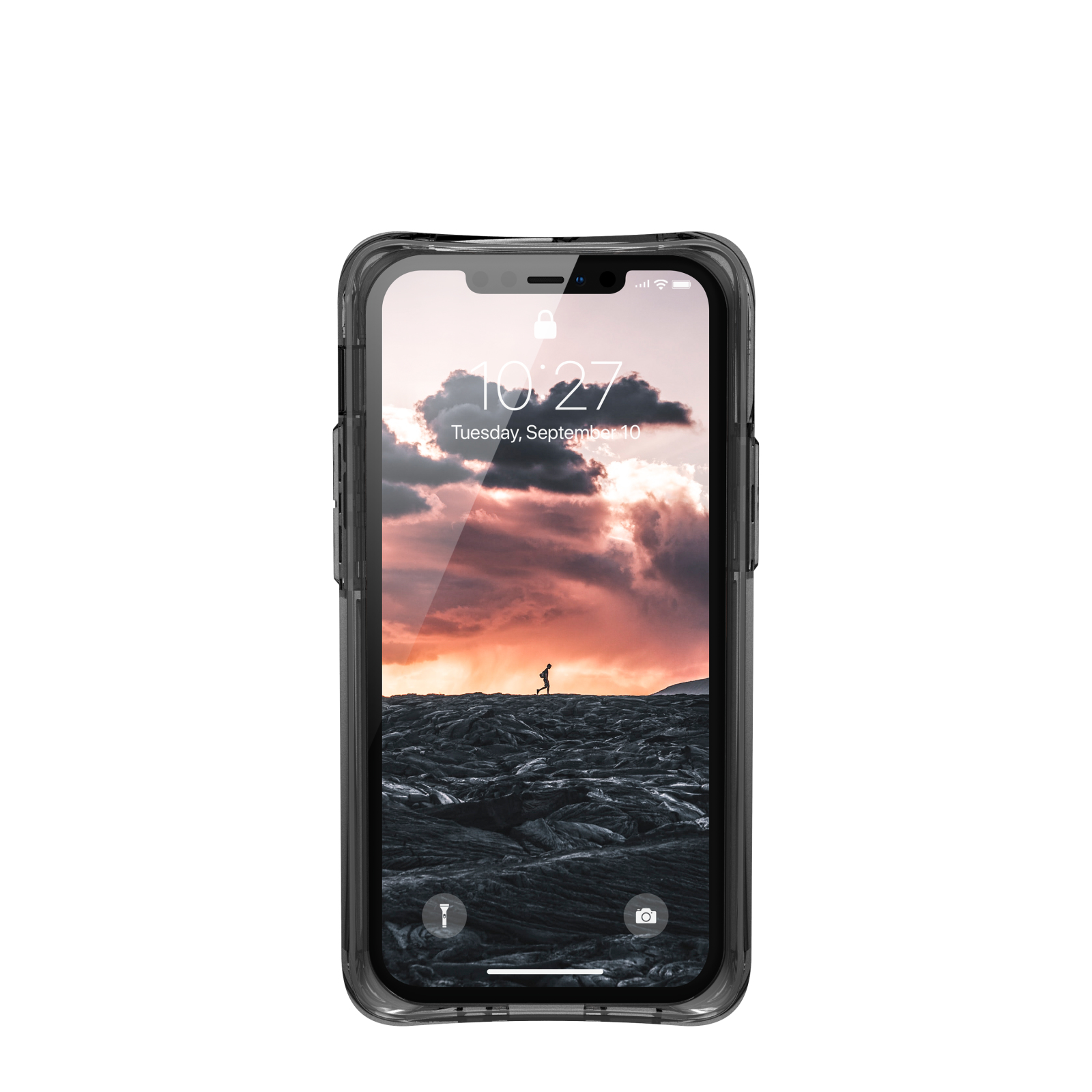 Smartphone-Bildschirm zeigt eine Landschaft mit einer rennenden Figur unter einem bewölkten Himmel. Das Telefon hat eine Hülle.