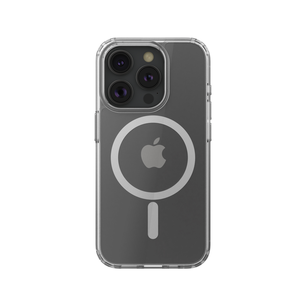 Transparente iPhone-Hülle mit Kamera und Apple-Logo. Die Hülle schützt das Telefon. Der Hintergrund ist weiß.