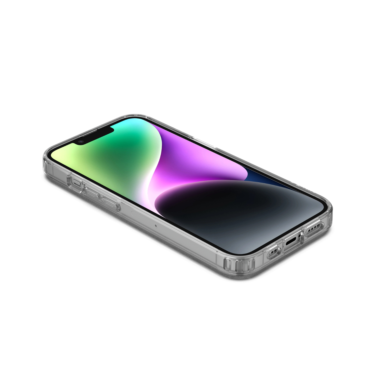 Un iPhone con una custodia protettiva trasparente, leggermente angolato. Lo schermo mostra sfumature verdi, viola e nere. Sfondo bianco.