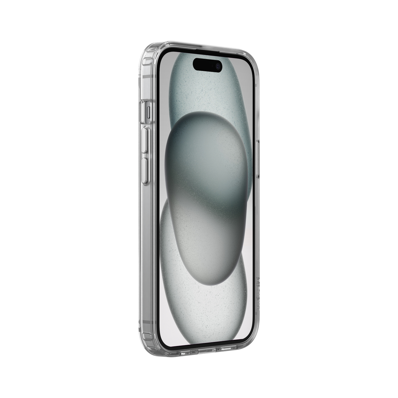 Eine transparente Handyhülle schützt ein Smartphone. Der Bildschirm zeigt abstrakte, verschwommene Formen in Grautönen.