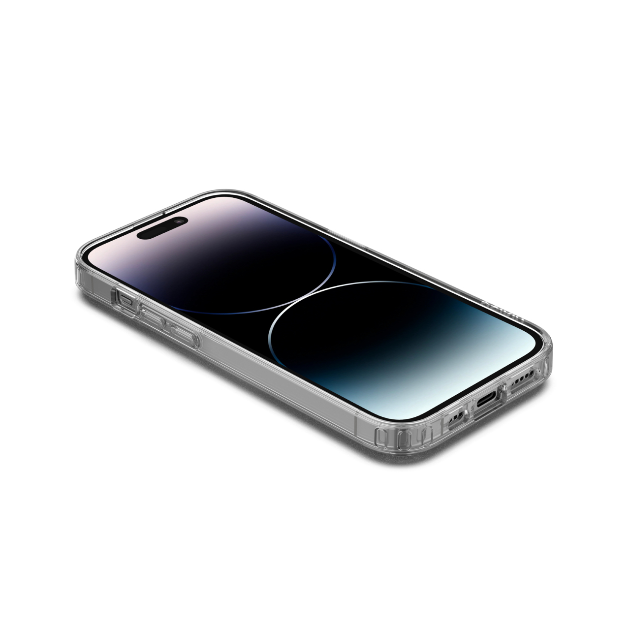 Uno smartphone in una custodia trasparente è appoggiato su una superficie bianca. Lo schermo è nero con riflessi di luce. La custodia è trasparente.